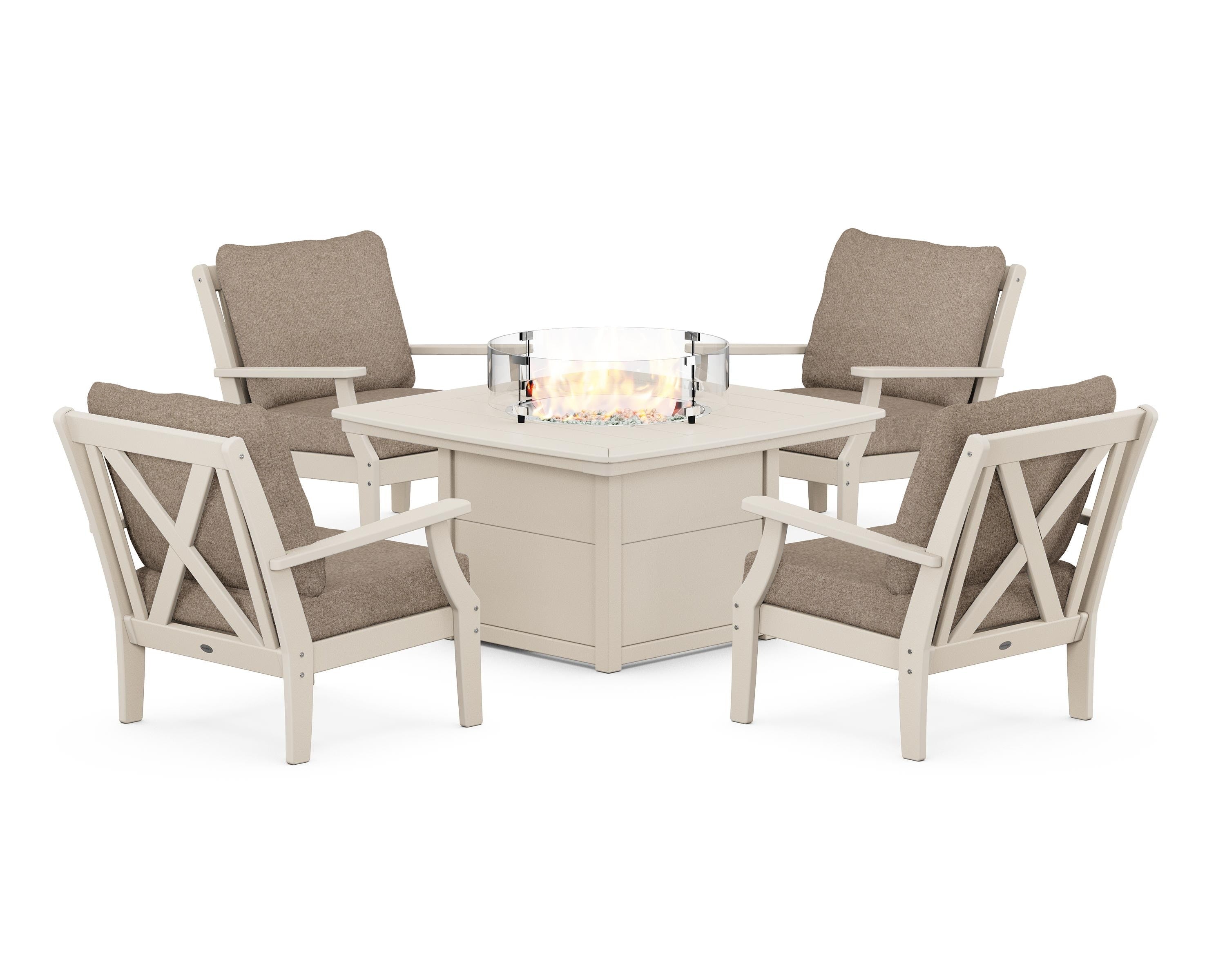 POLYWOOD Braxton 5-Piece Deep Seating Conversation Set with Fire Pit Table in Sand / Spiced Burlap
