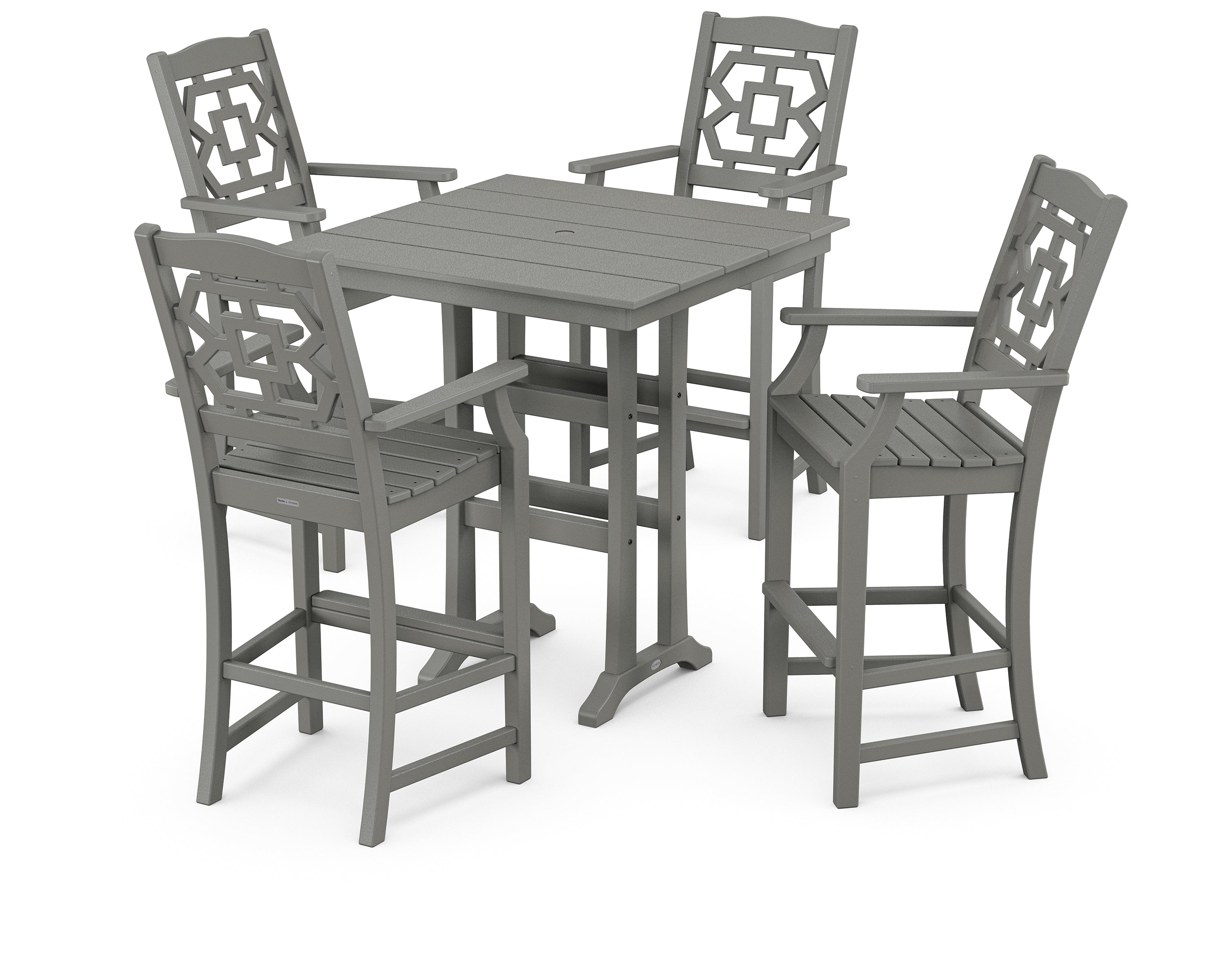 Martha Stewart by POLYWOOD Chinoiserie 5-Piece Farmhouse Bar Set with Trestle Legs in Slate Grey