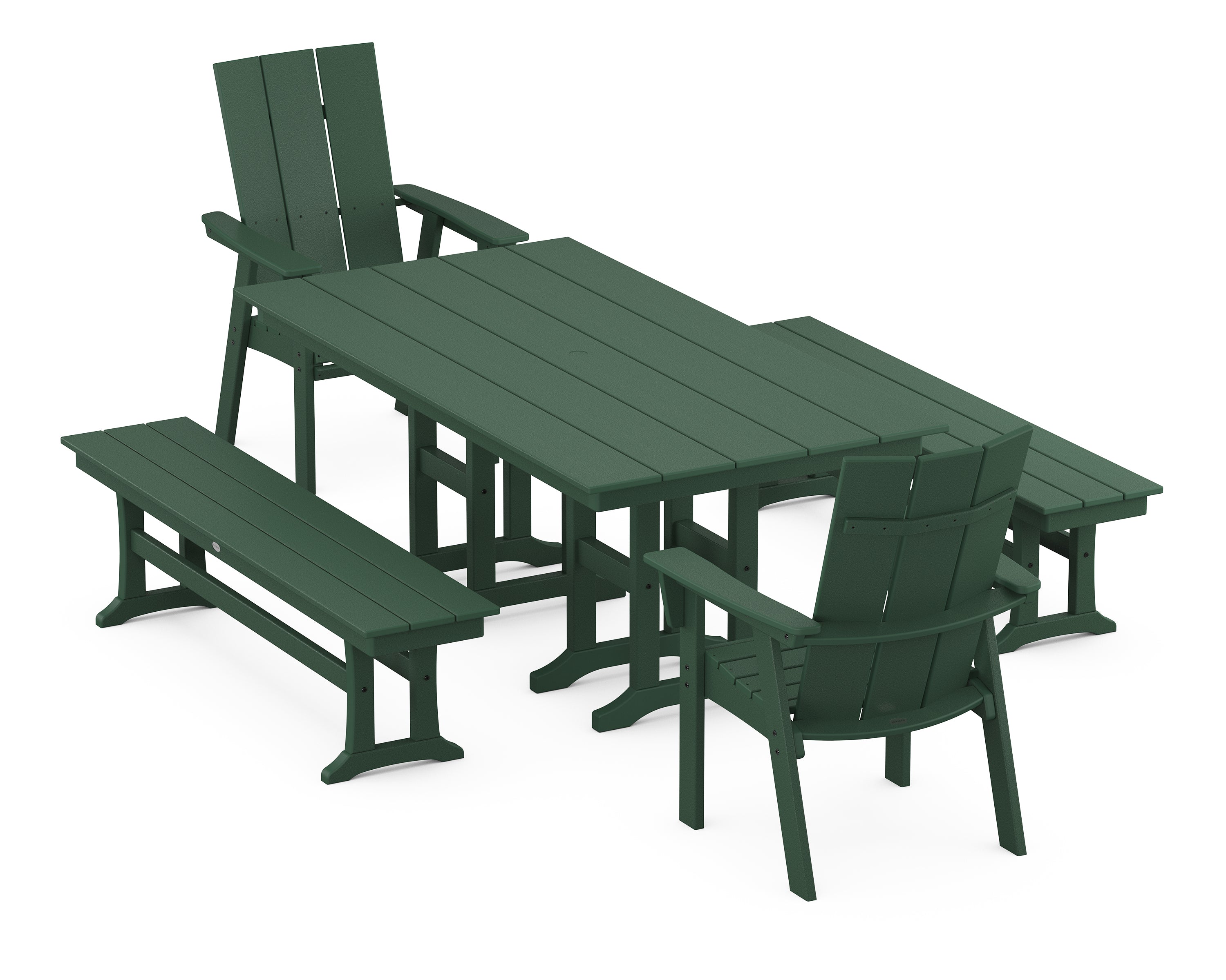 POLYWOOD® Modern Curveback Adirondack 5-Piece Farmhouse Dining Set with Benches in Green