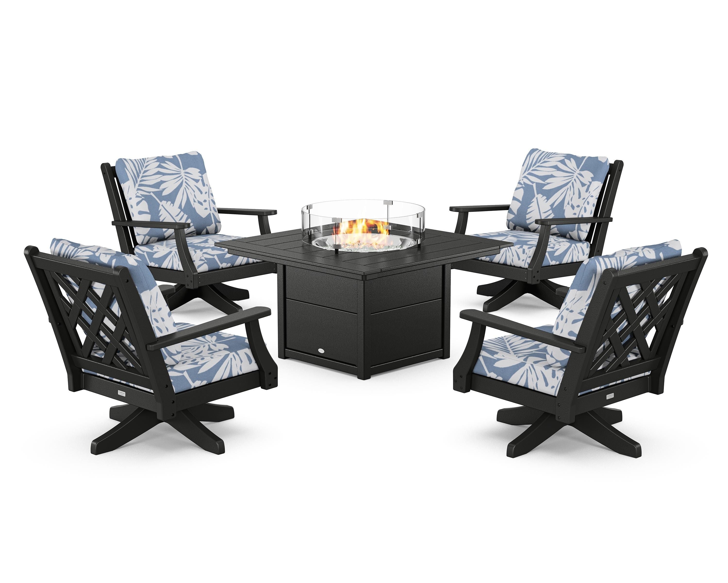 Country Living Wovendale 5-Piece Deep Seating Swivel Conversation Set with Fire Pit Table in Black / Leaf Sky Blue