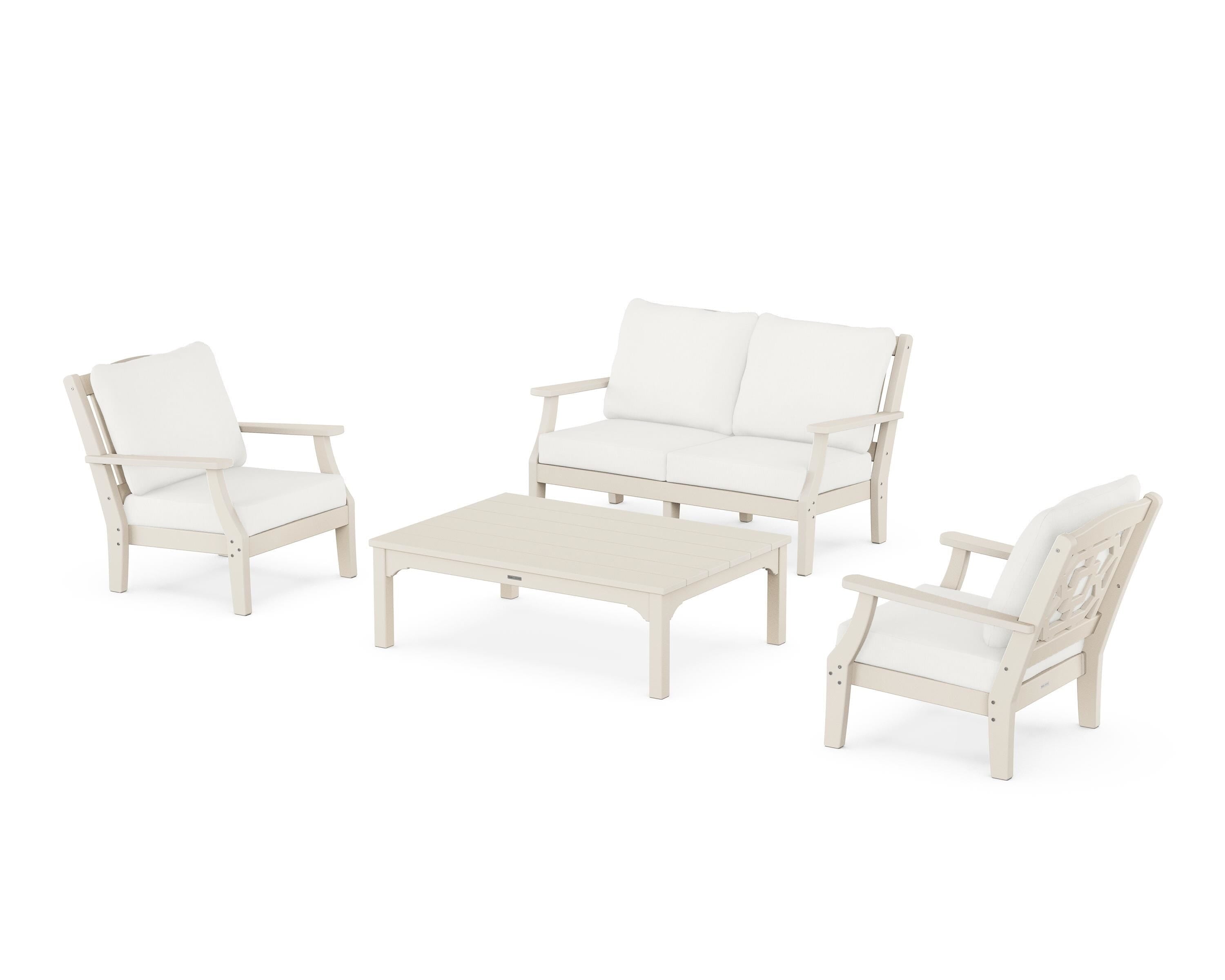Martha Stewart by POLYWOOD Chinoiserie 4-Piece Deep Seating Set with Loveseat in Sand / Natural Linen