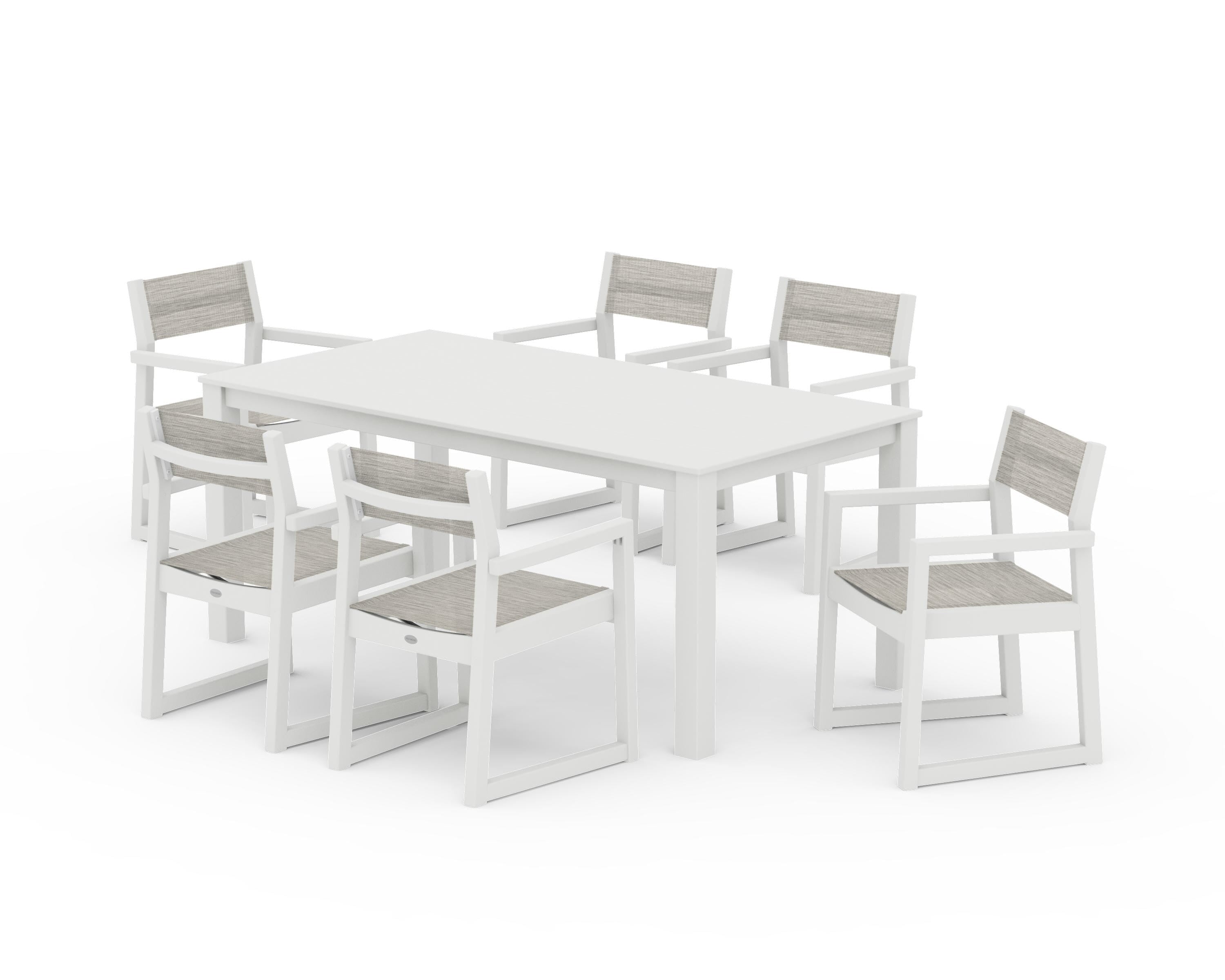 POLYWOOD EDGE Sling Arm Chair 7-Piece Parsons Dining Set in Vintage White / Birch Sling
