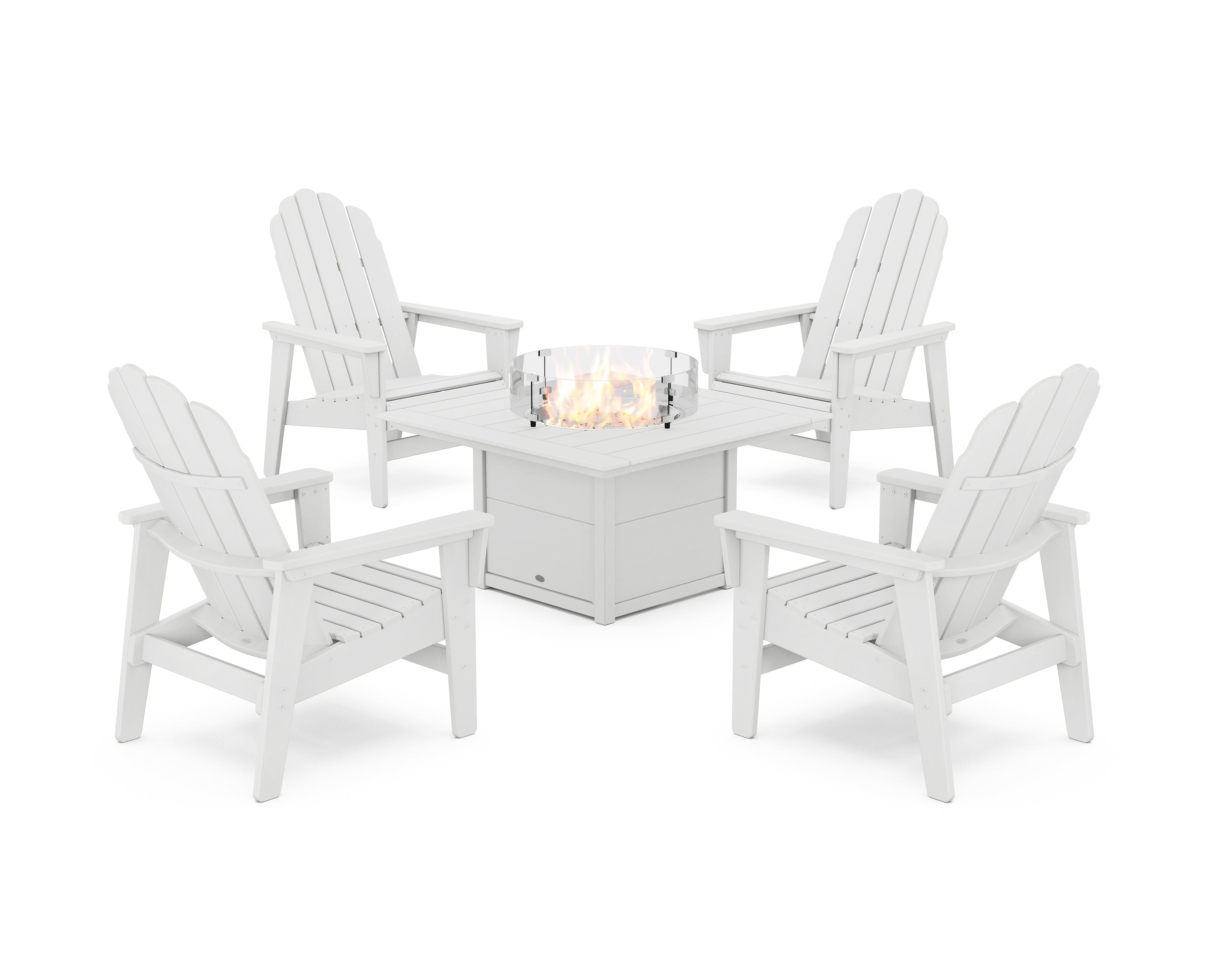 POLYWOOD® 5-Piece Vineyard Grand Upright Adirondack Conversation Set with Fire Pit Table in White