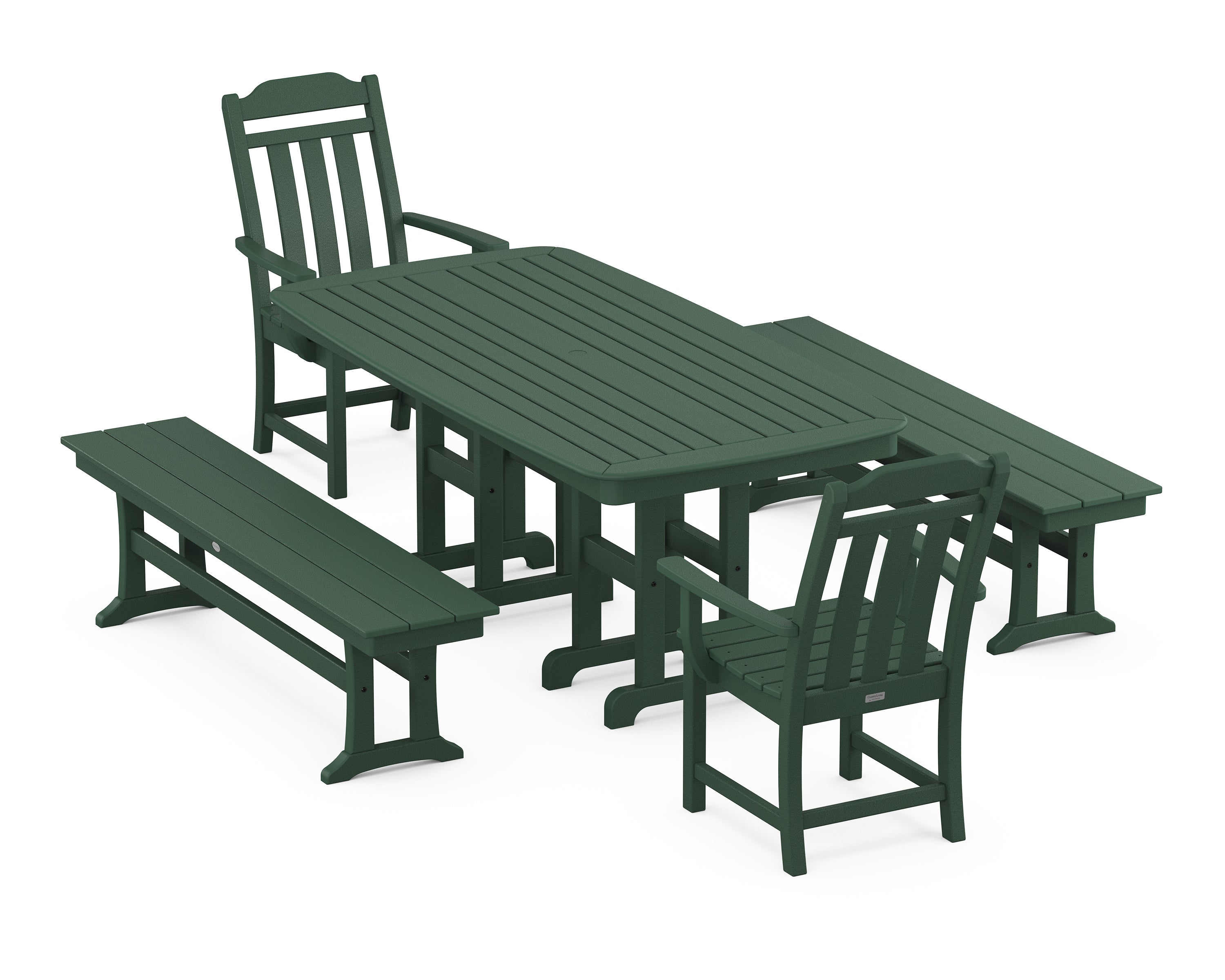 Polywood Country Living 5-Piece Dining Set with Benches in Green