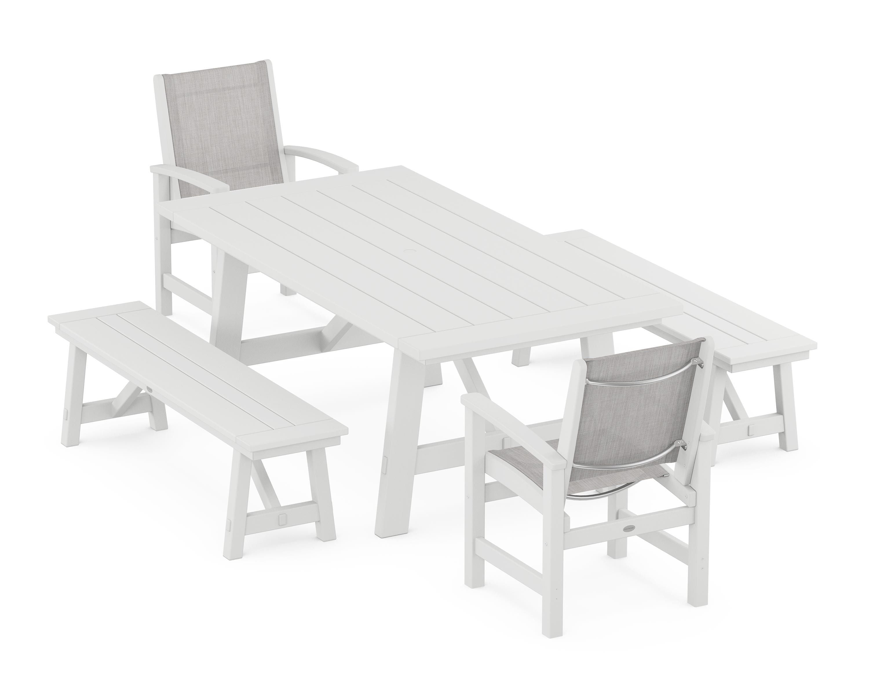 POLYWOOD Coastal 5-Piece Rustic Farmhouse Dining Set With Benches in White / Parchment Sling