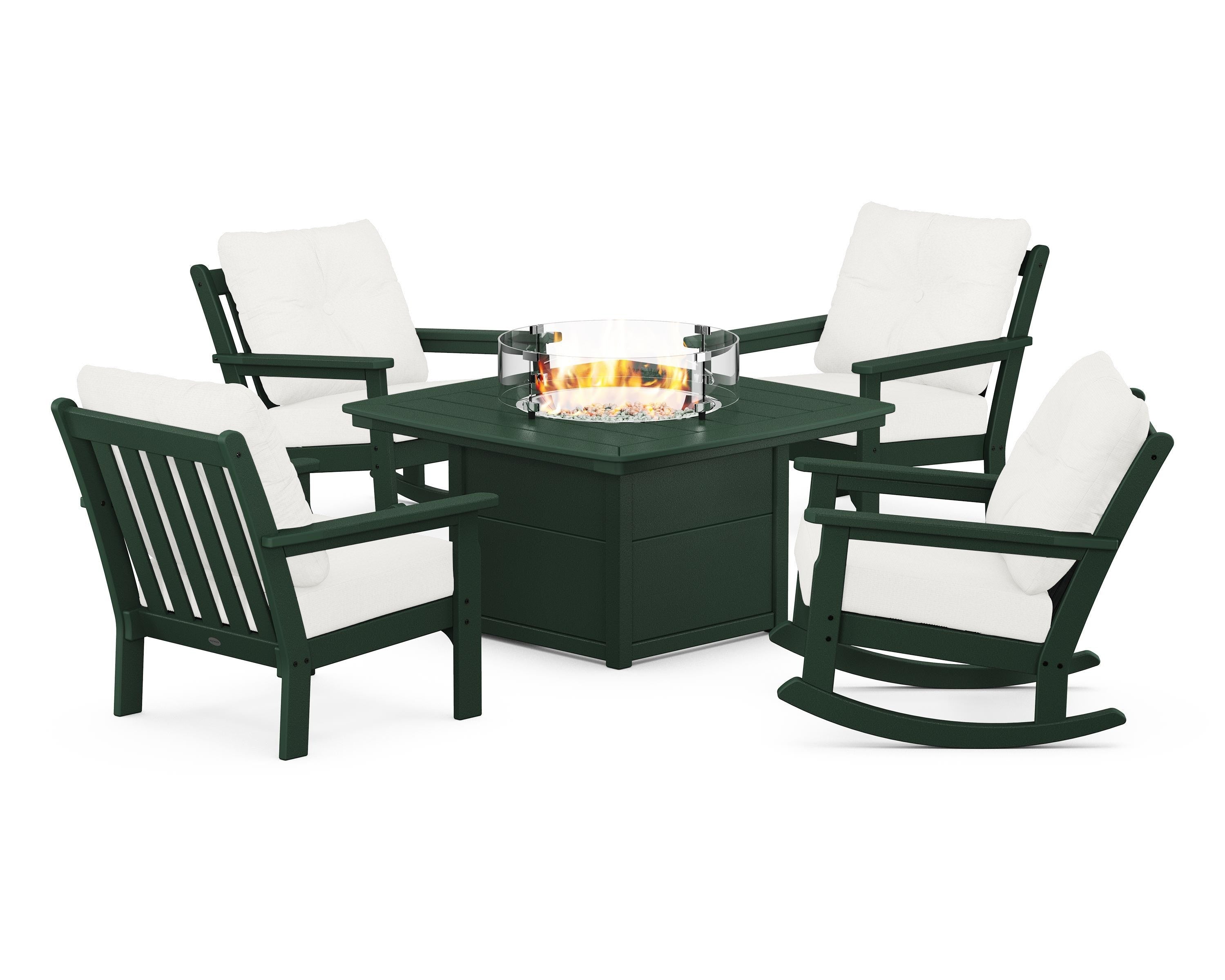 POLYWOOD Vineyard 5-Piece Deep Seating Rocking Chair Conversation Set with Fire Pit Table in Green / Natural Linen