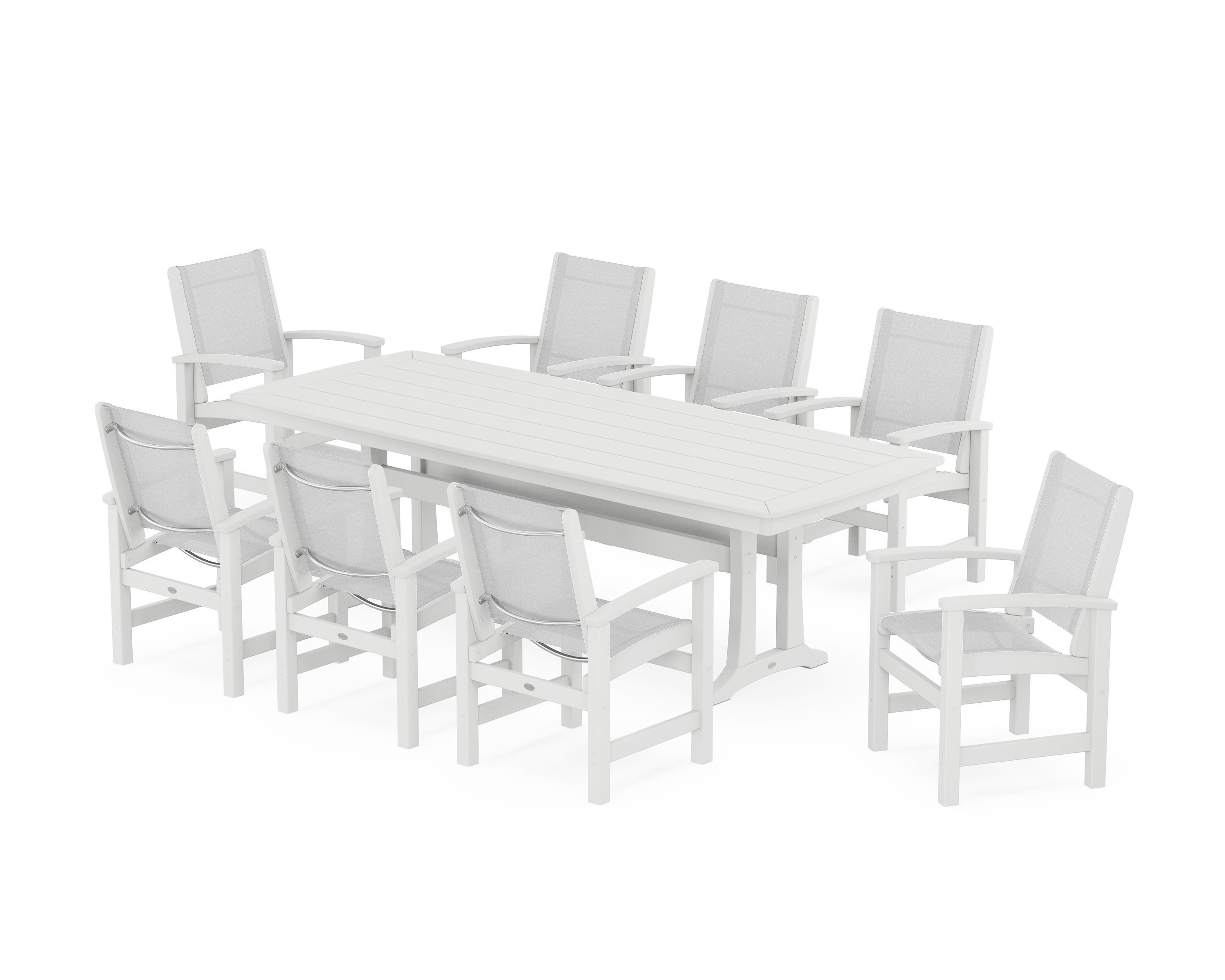 POLYWOOD Coastal 9-Piece Dining Set with Trestle Legs in White / White Sling
