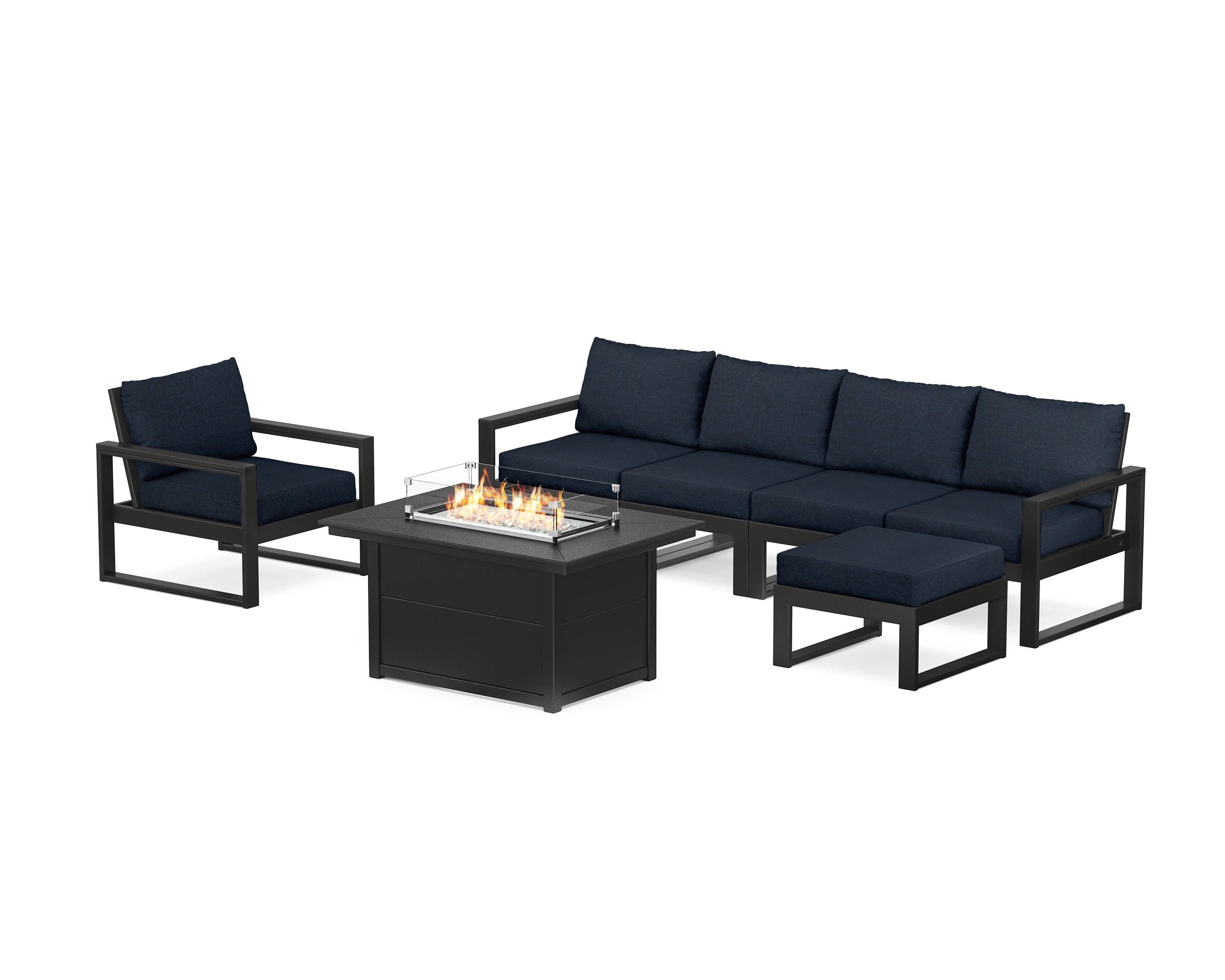POLYWOOD EDGE Sectional Lounge and Fire Pit Set in Black / Marine Indigo