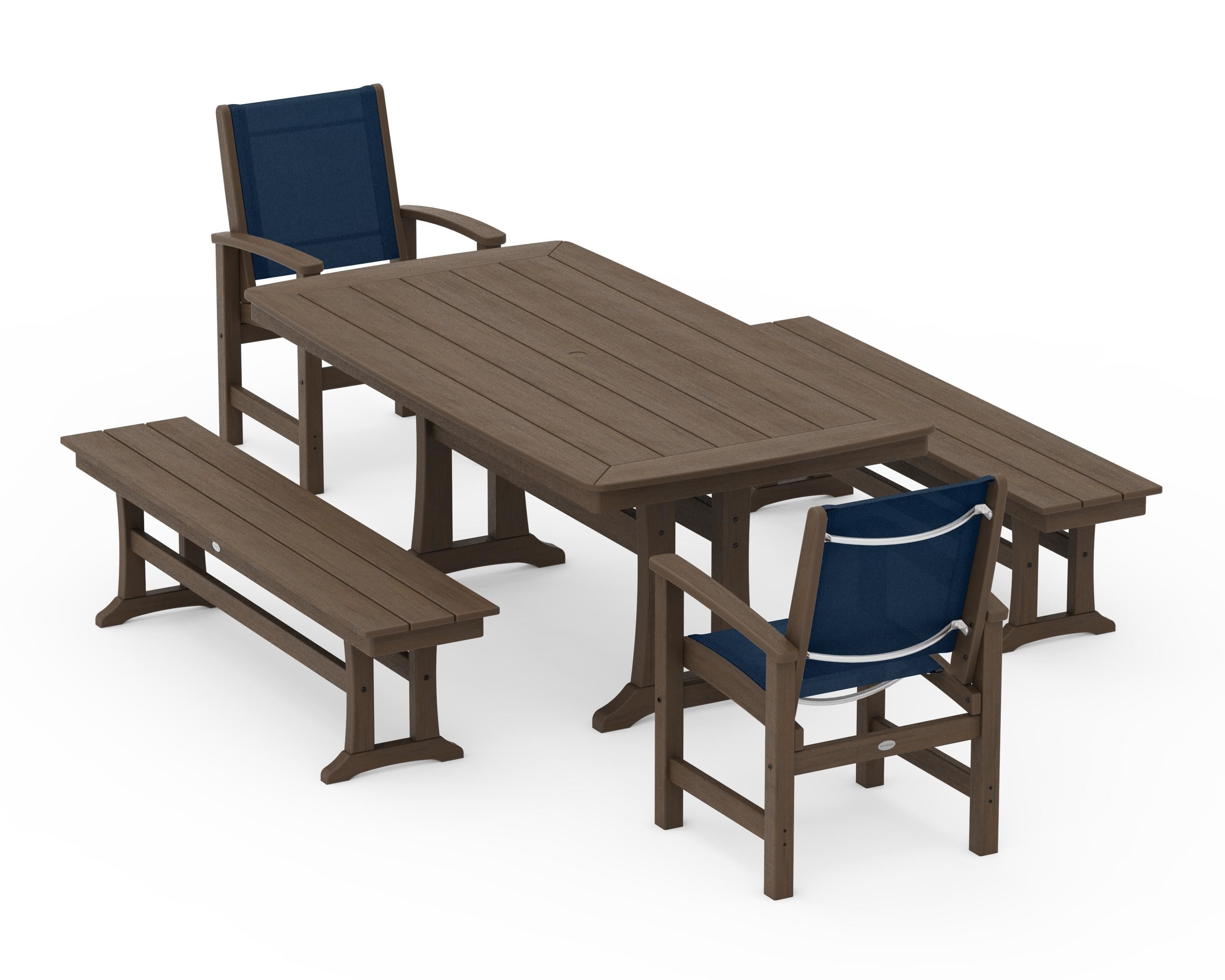 POLYWOOD Coastal 5-Piece Dining Set with Trestle Legs and Benches in Kona / Navy Blue Sling