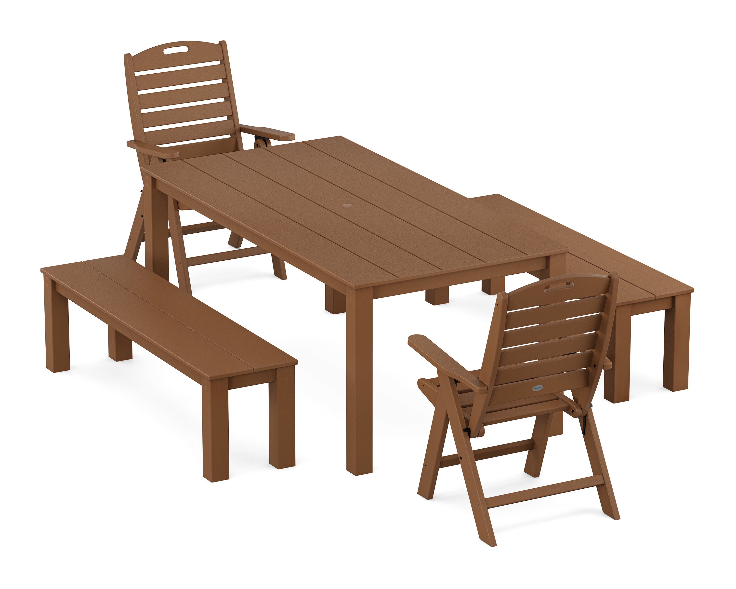 POLYWOOD® Nautical Folding Highback Chair 5-Piece Parsons Dining Set with Benches in Teak