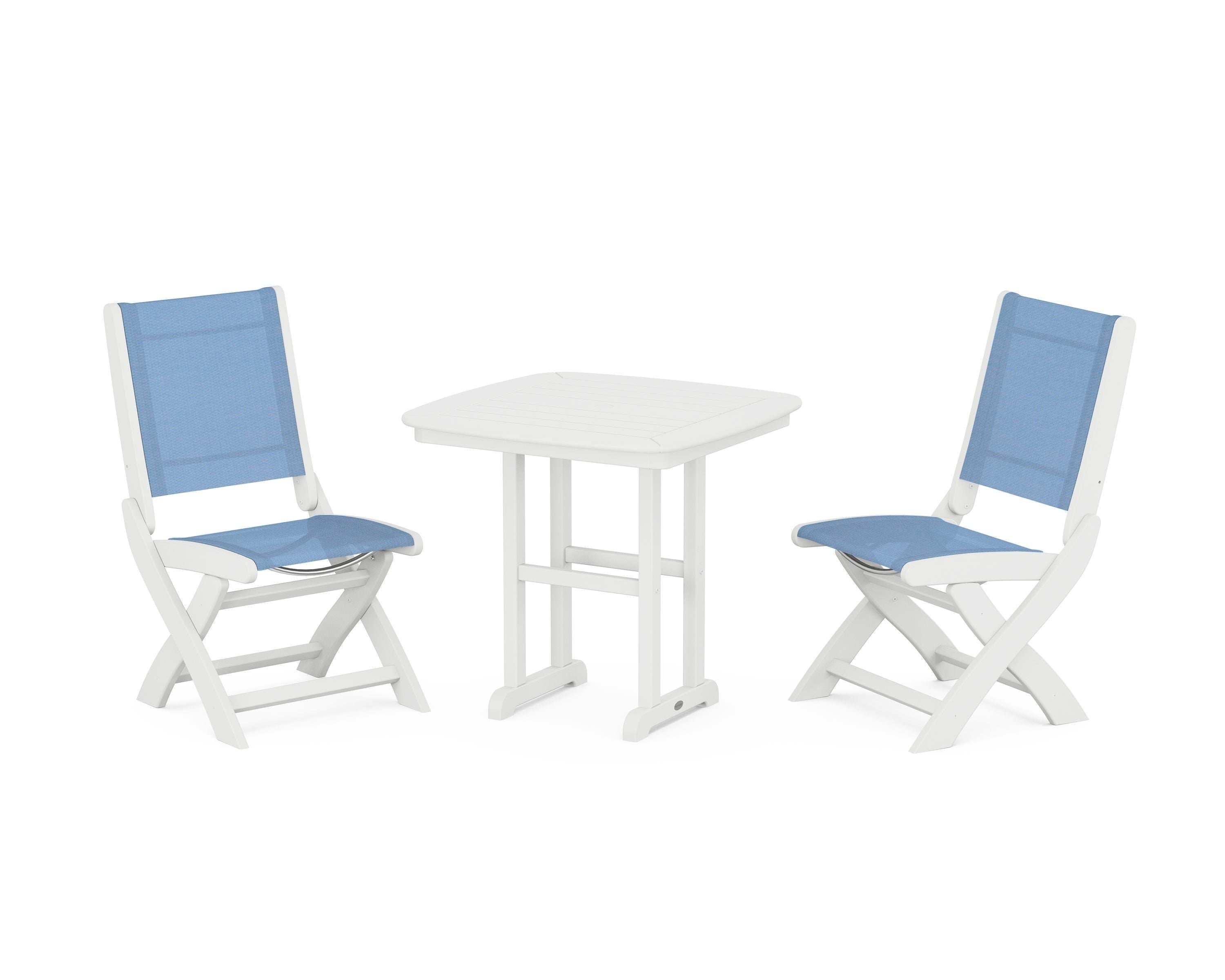 POLYWOOD Coastal Folding Side Chair 3-Piece Dining Set in White / Poolside Sling