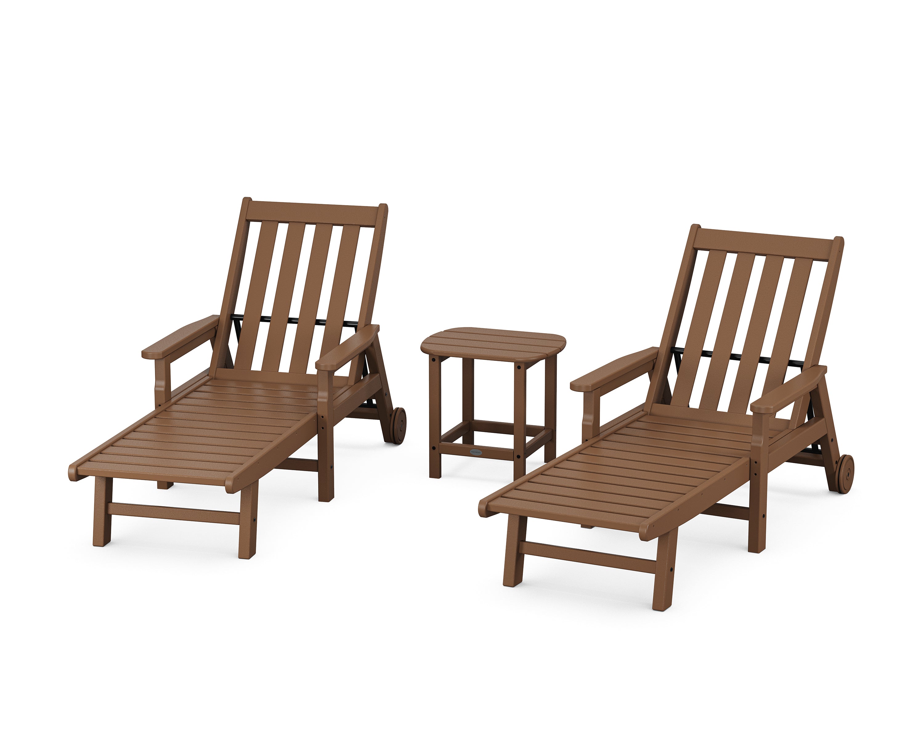 POLYWOOD Vineyard 3-Piece Chaise with Arms and Wheels Set in Teak