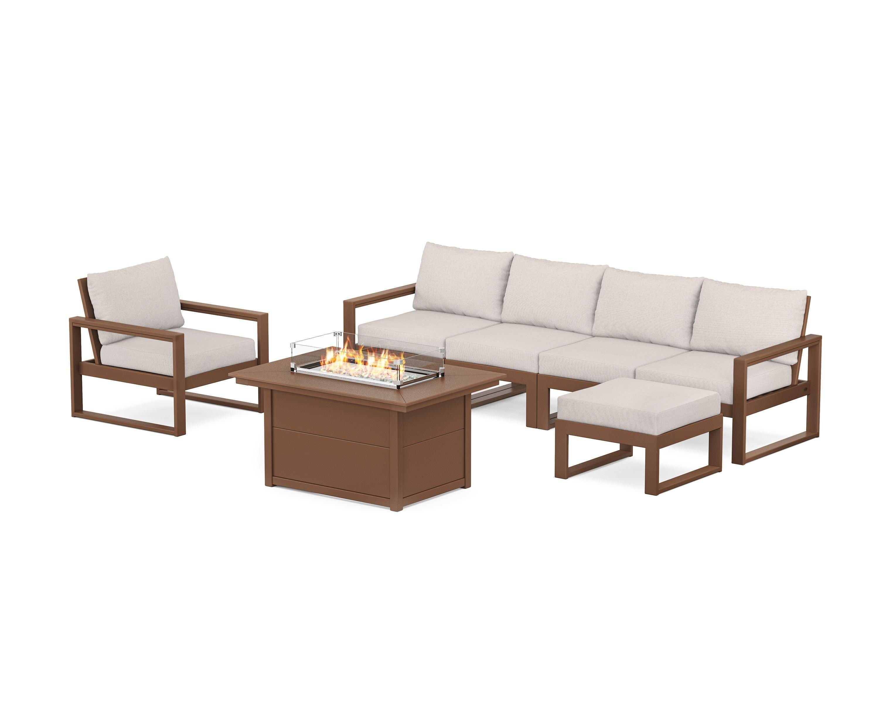 POLYWOOD EDGE Sectional Lounge and Fire Pit Set in Teak / Dune Burlap