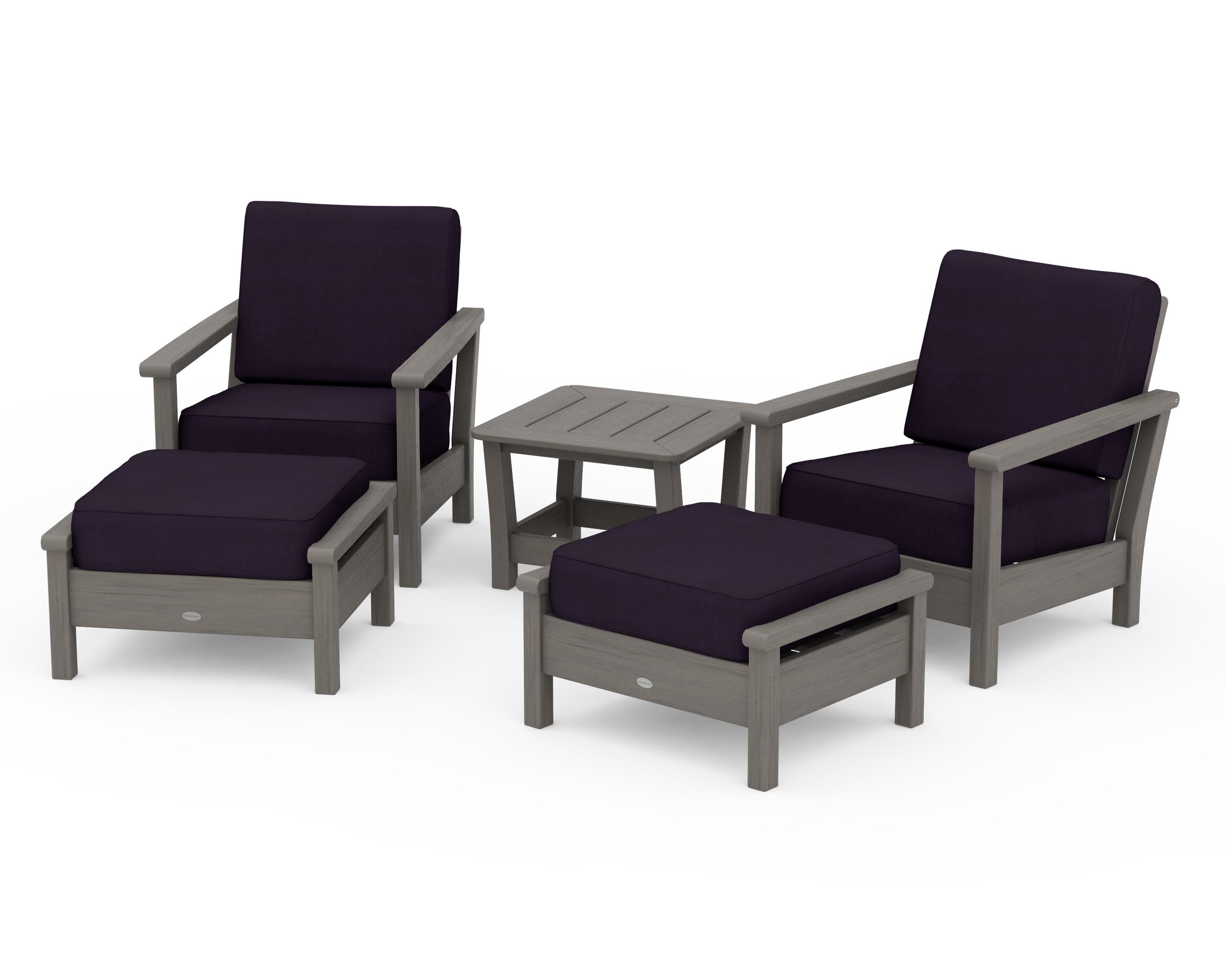 POLYWOOD Harbour 5-Piece Deep Seating Chair Set in Driftwood / Navy Linen