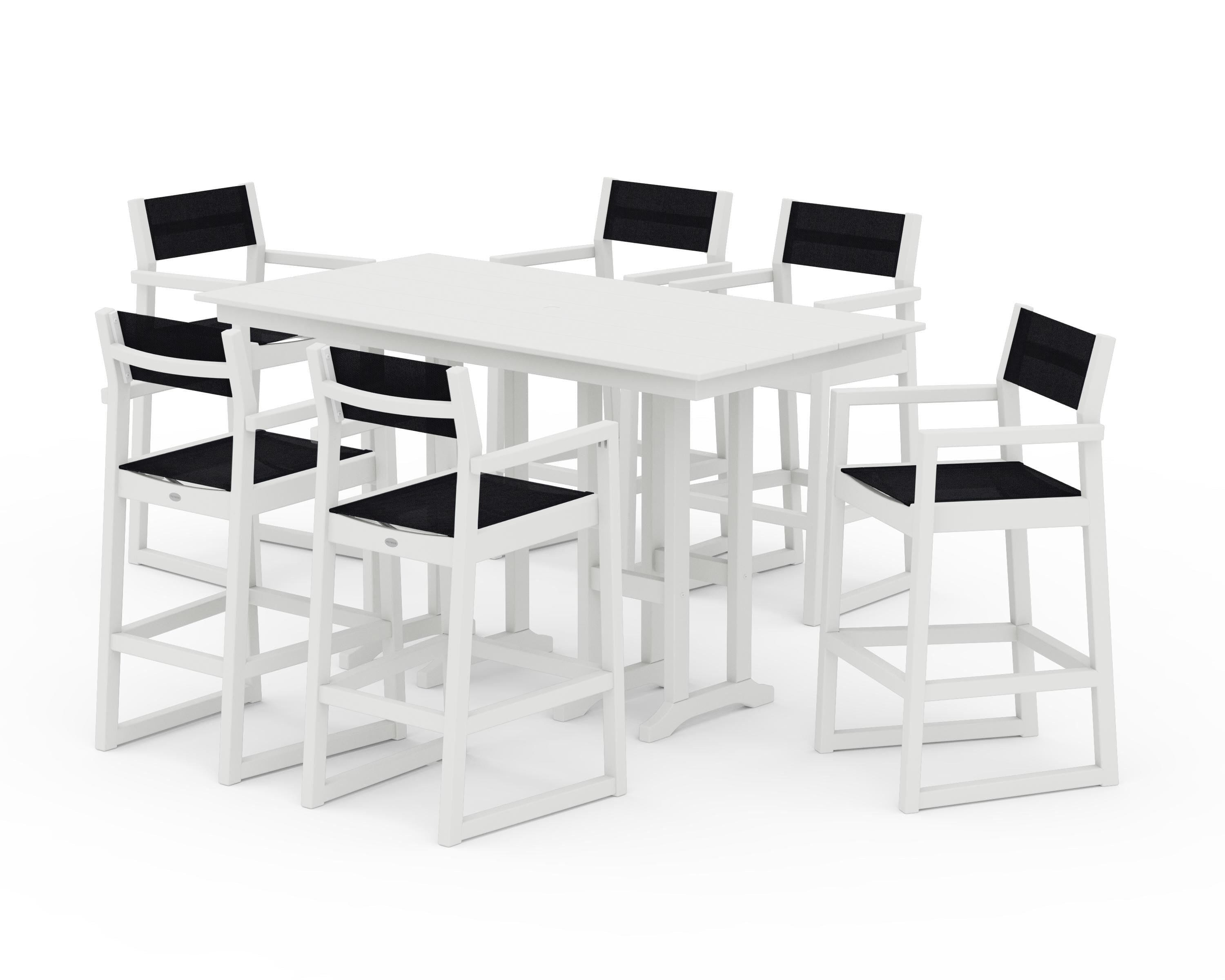 POLYWOOD EDGE Sling Arm Chair 7-Piece Farmhouse Bar Set in Vintage White / Black Sling