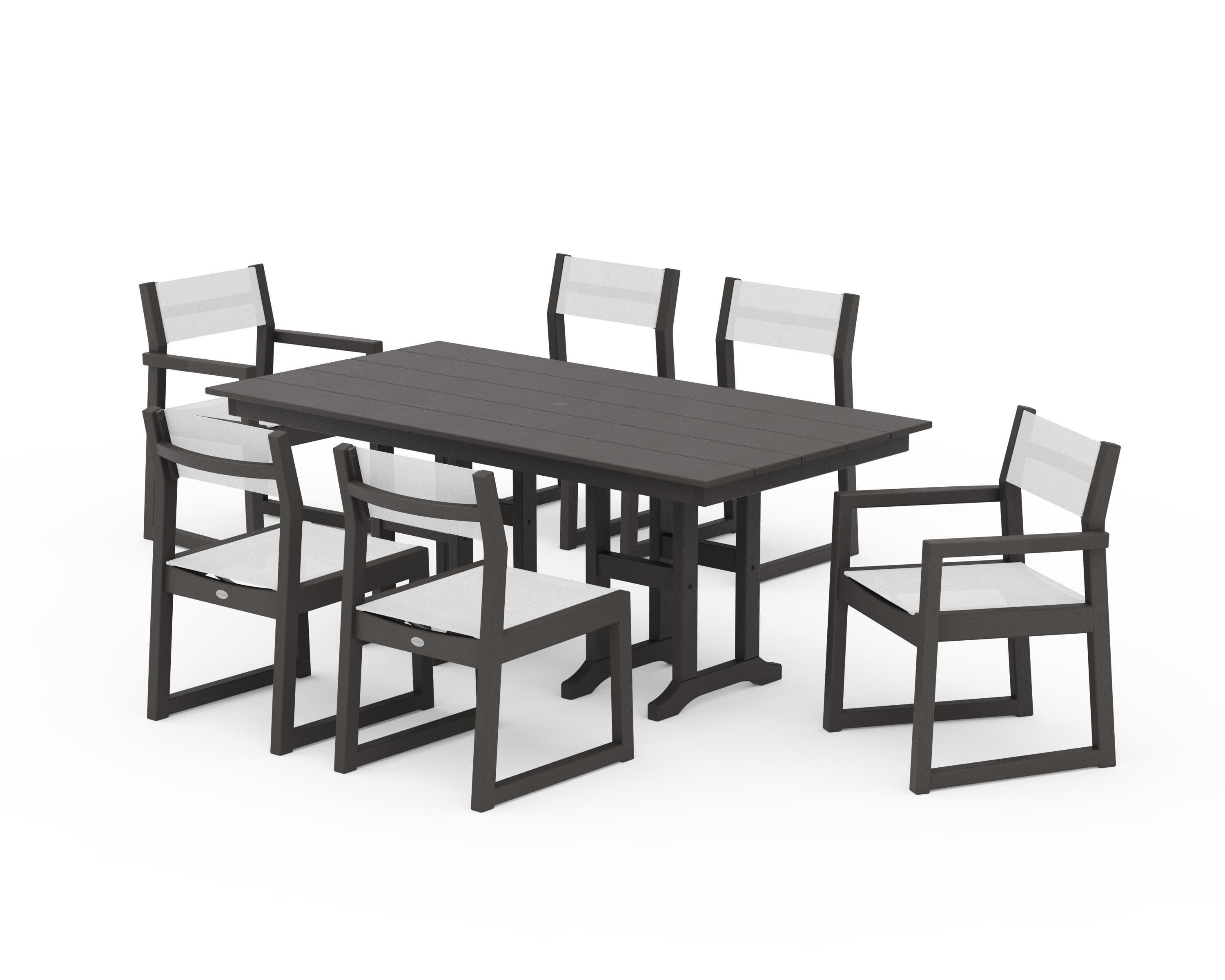 POLYWOOD EDGE Sling 7-Piece Farmhouse Dining Set in Vintage Coffee / White Sling