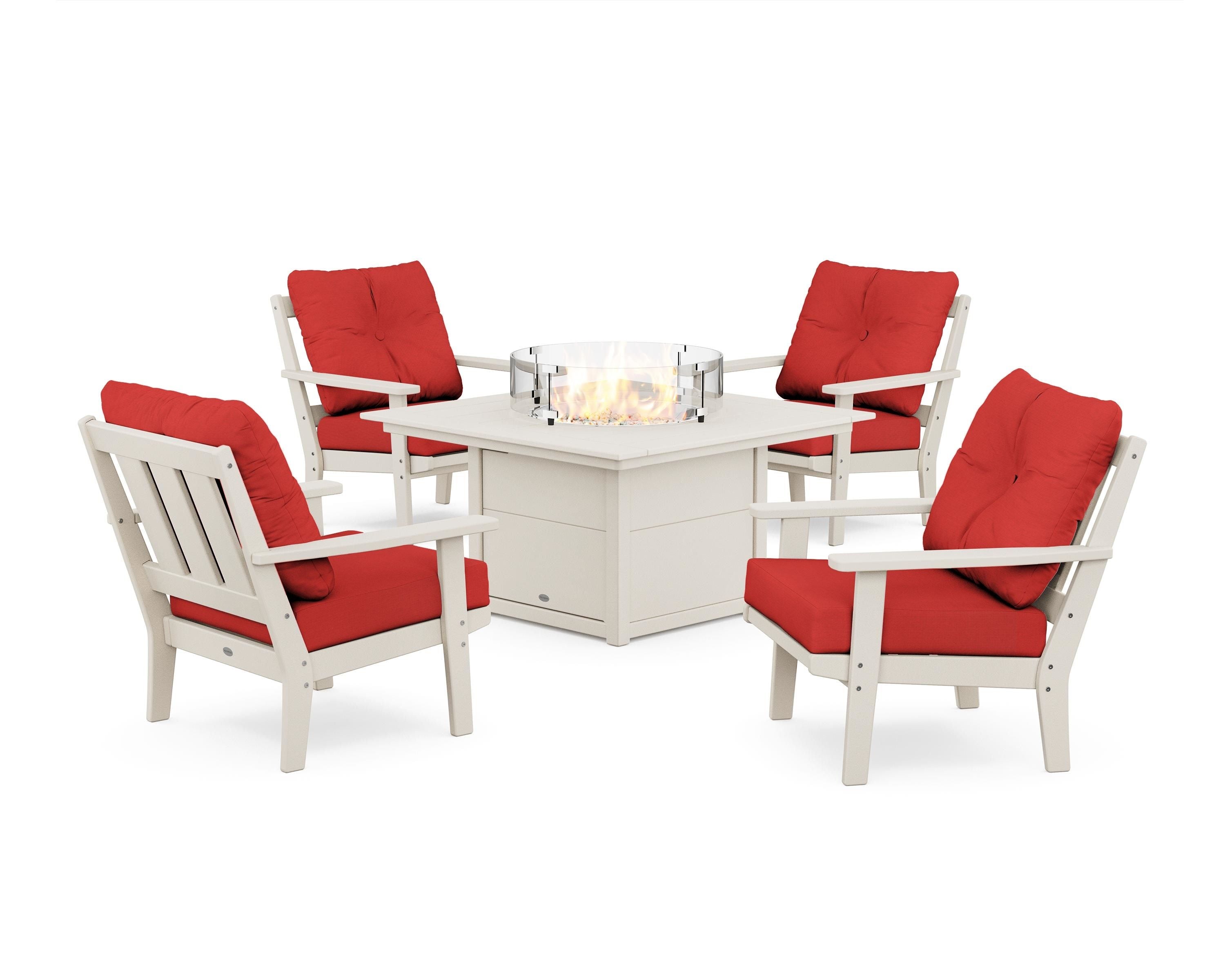 POLYWOOD Oxford 5-Piece Deep Seating Set with Fire Pit Table in Sand / Crimson Linen