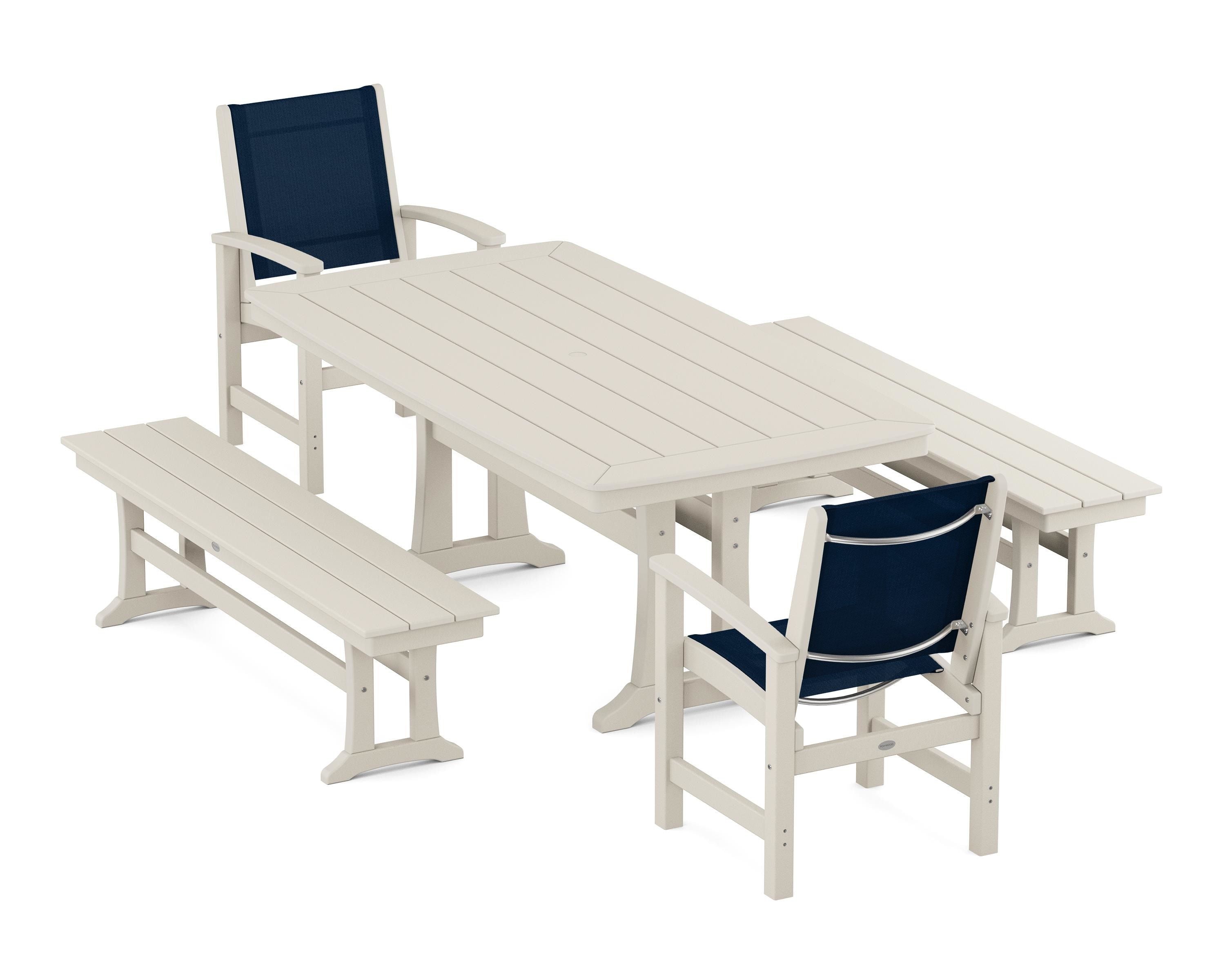 POLYWOOD Coastal 5-Piece Dining Set with Trestle Legs and Benches in Sand / Navy Blue Sling