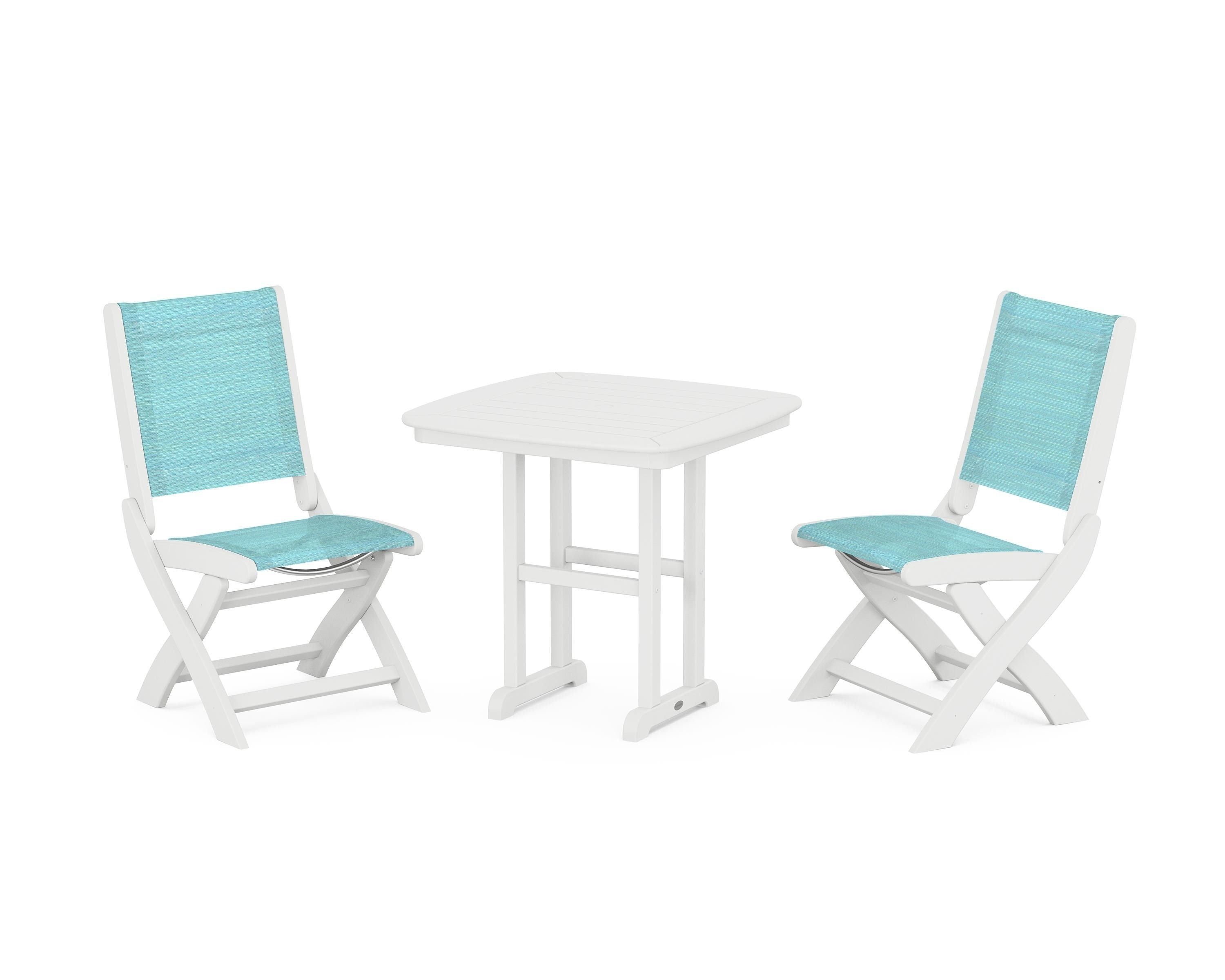 POLYWOOD Coastal Folding Side Chair 3-Piece Dining Set in White / Dupioni Aquamarine Sling