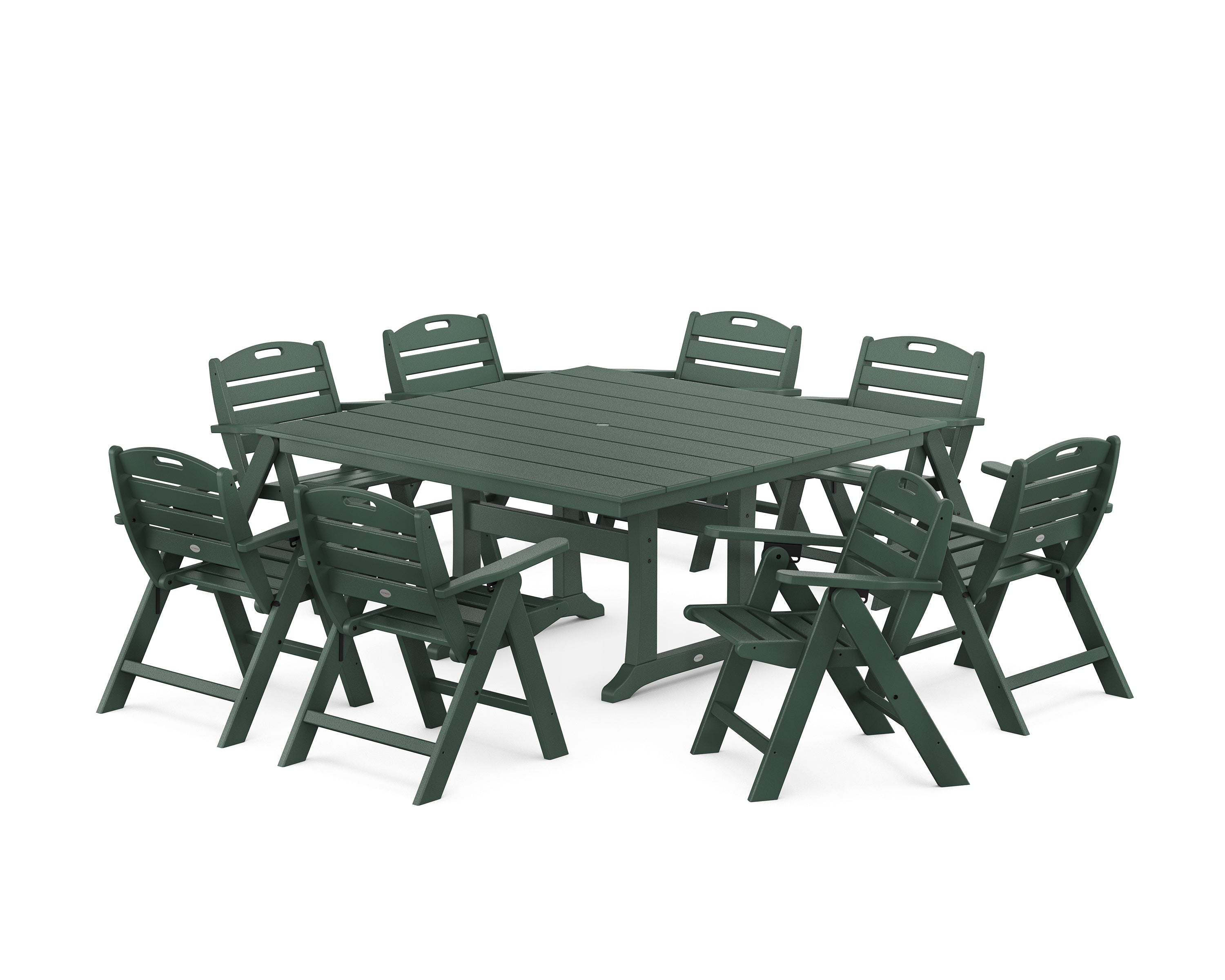 POLYWOOD Nautical Lowback 9-Piece Square Farmhouse Dining Set with Trestle Legs in Green