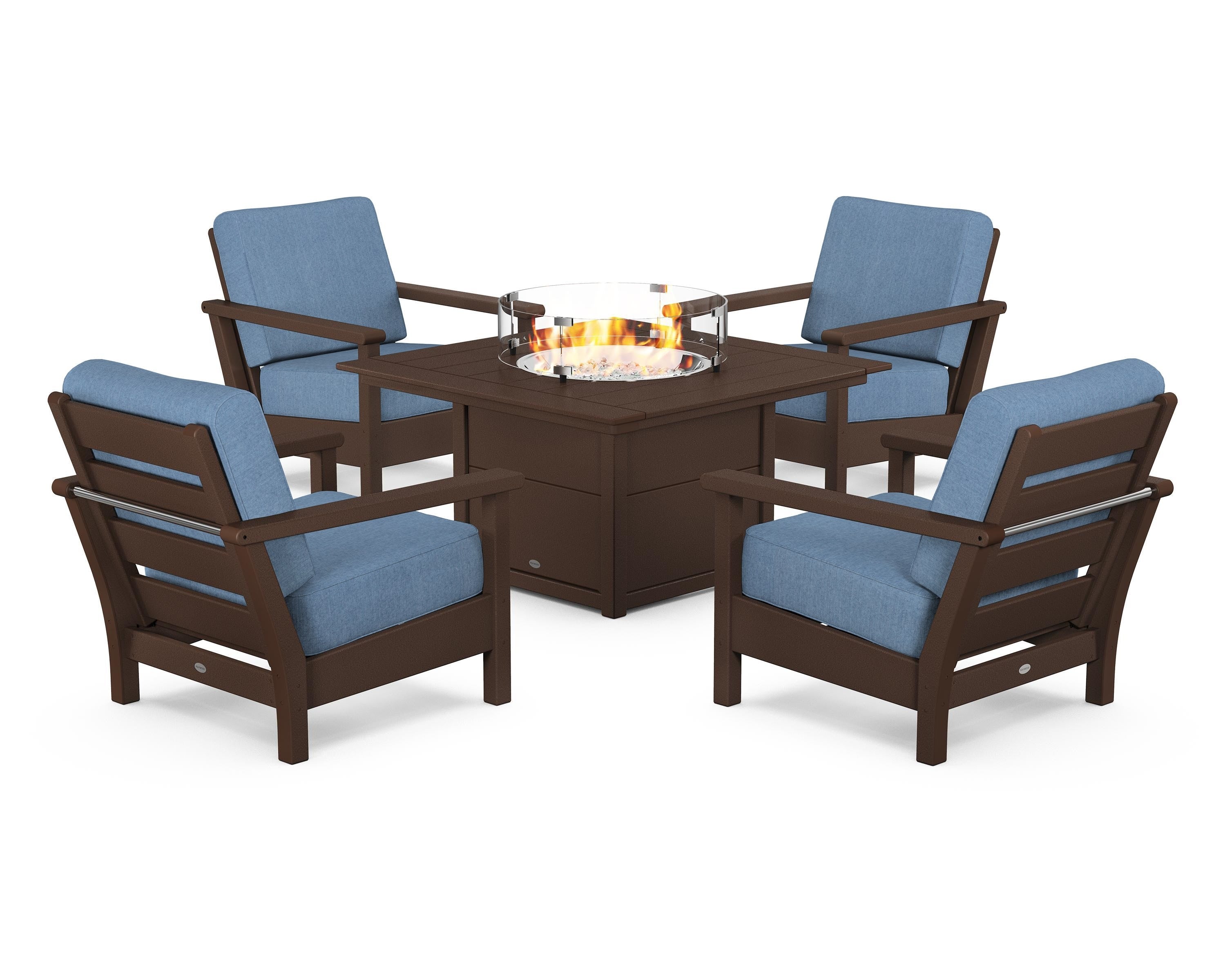 POLYWOOD Harbour 5-Piece Conversation Set with Fire Pit Table in Mahogany / Sky Blue