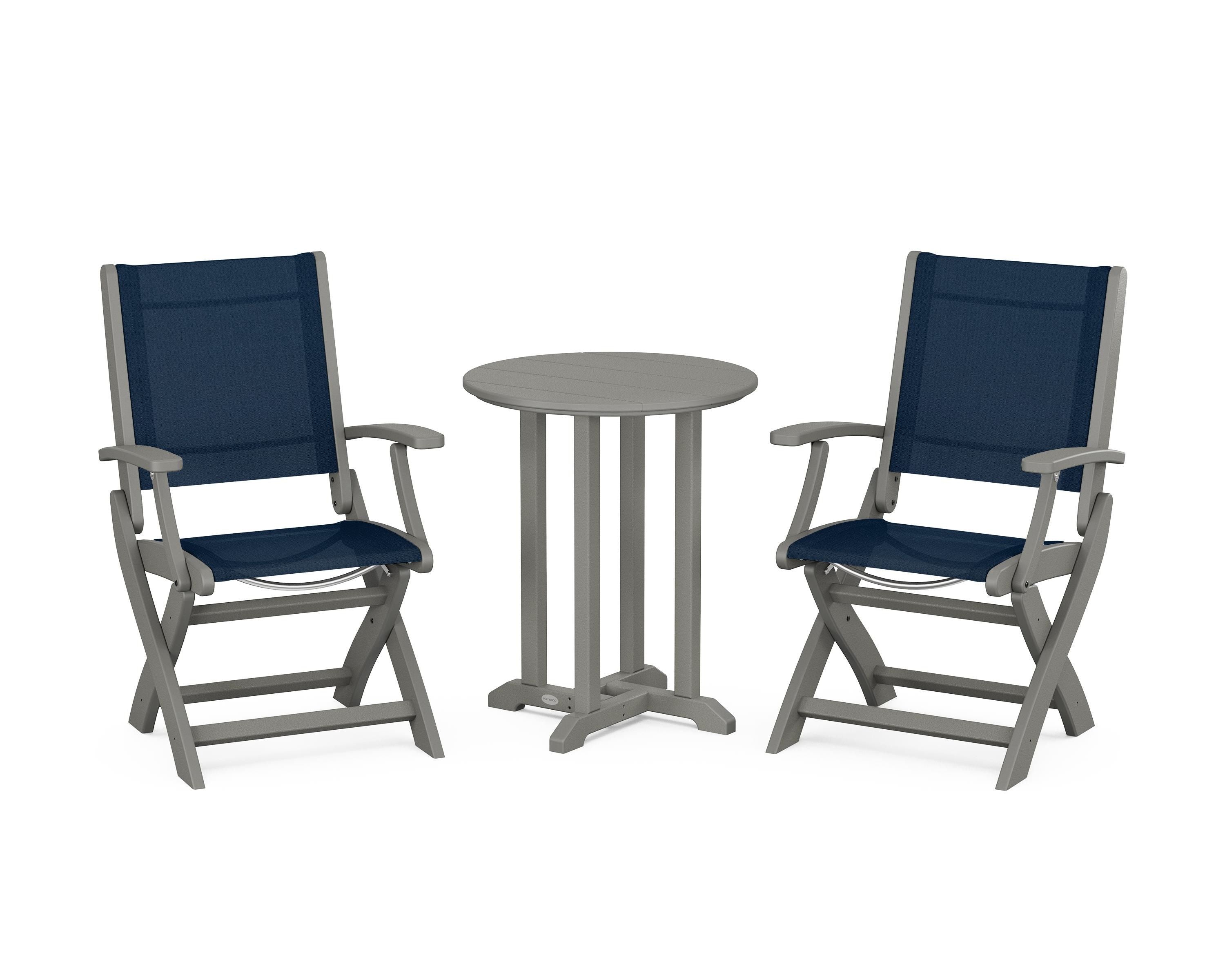 POLYWOOD Coastal Folding 3-Piece Round Bistro Dining Set in Slate Grey / Navy Blue Sling