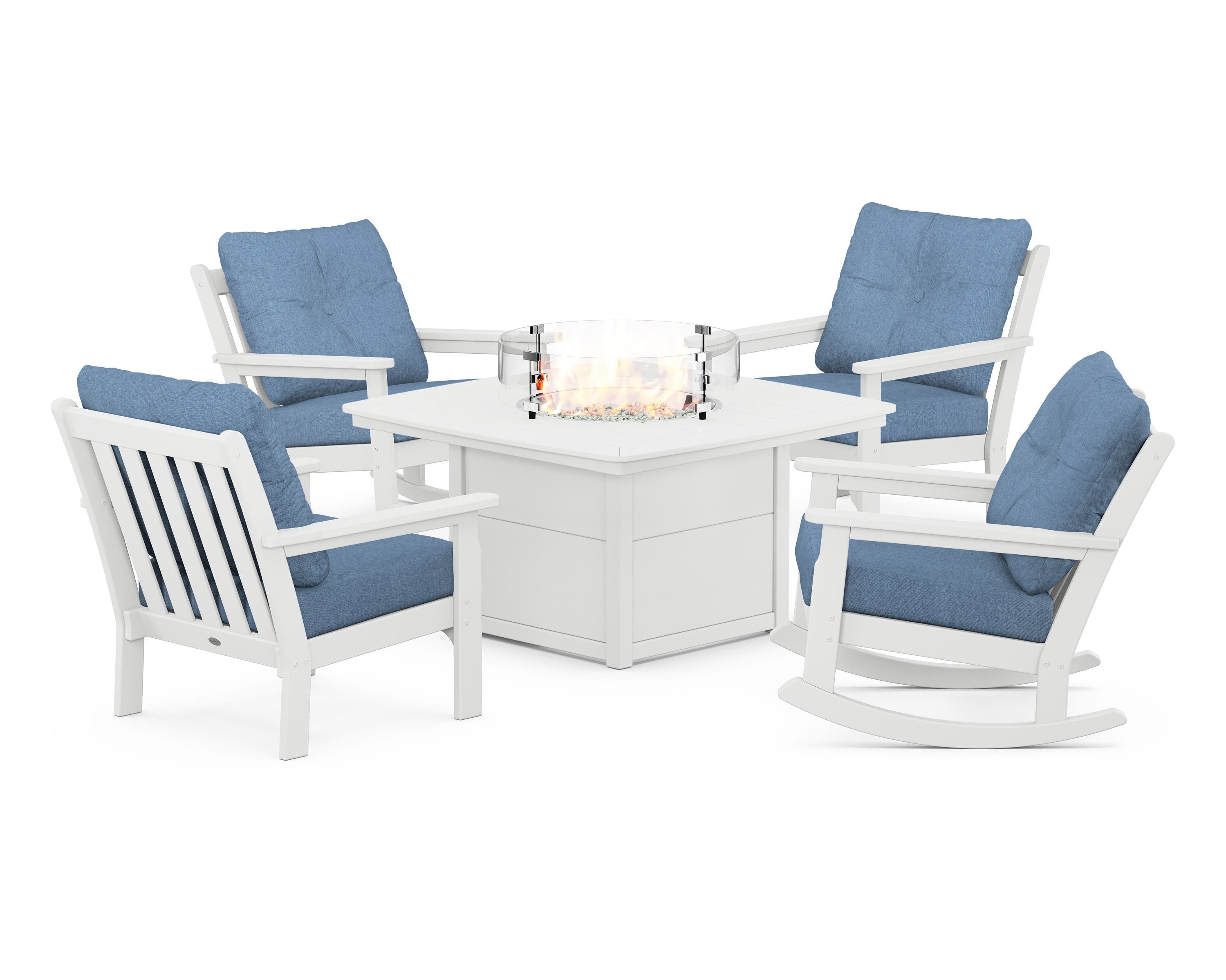 POLYWOOD Vineyard 5-Piece Deep Seating Rocking Chair Conversation Set with Fire Pit Table in White / Sky Blue