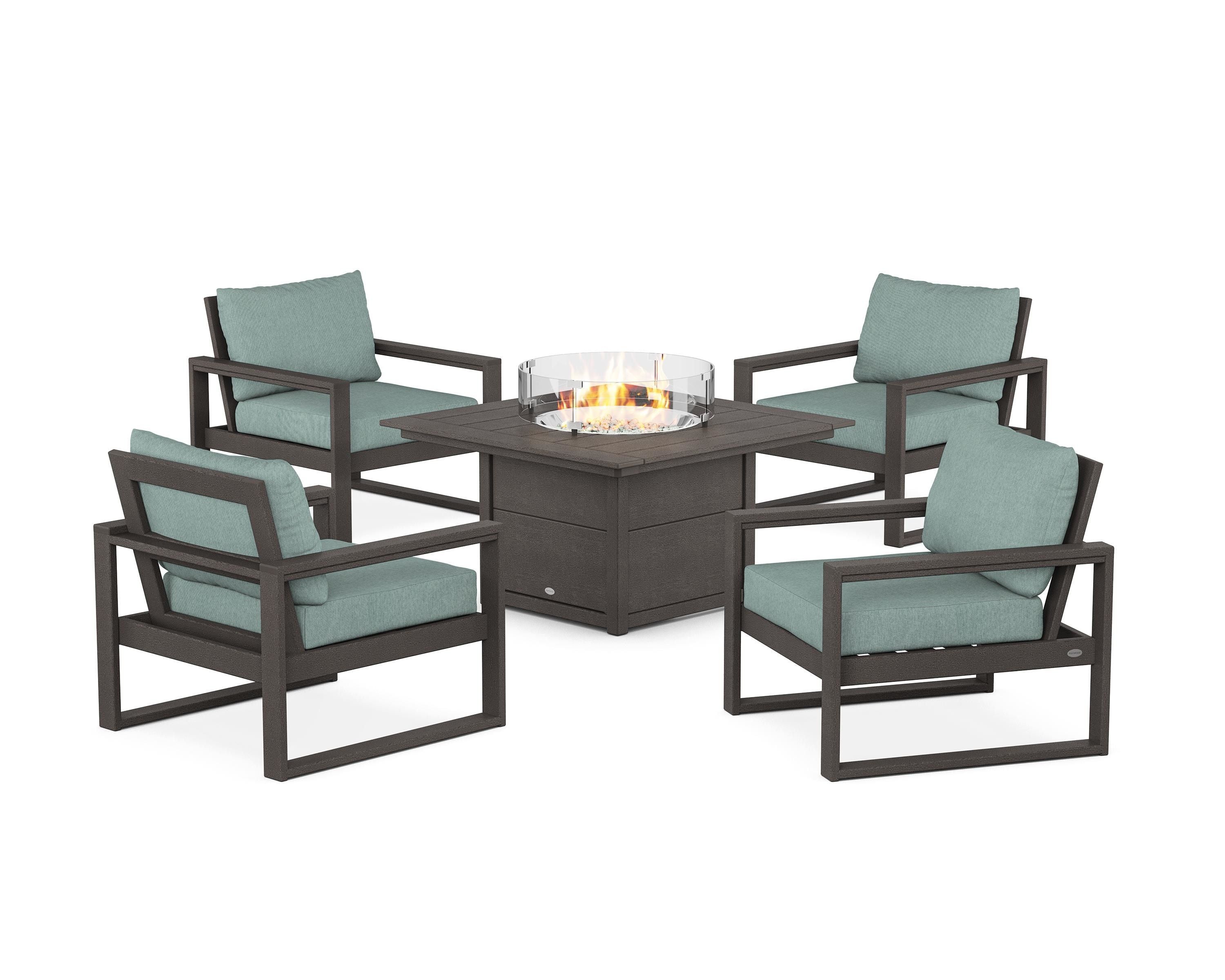 POLYWOOD EDGE Sectional 5-Piece Deep Seating Set with Fire Pit Table in Vintage Coffee / Glacier Spa