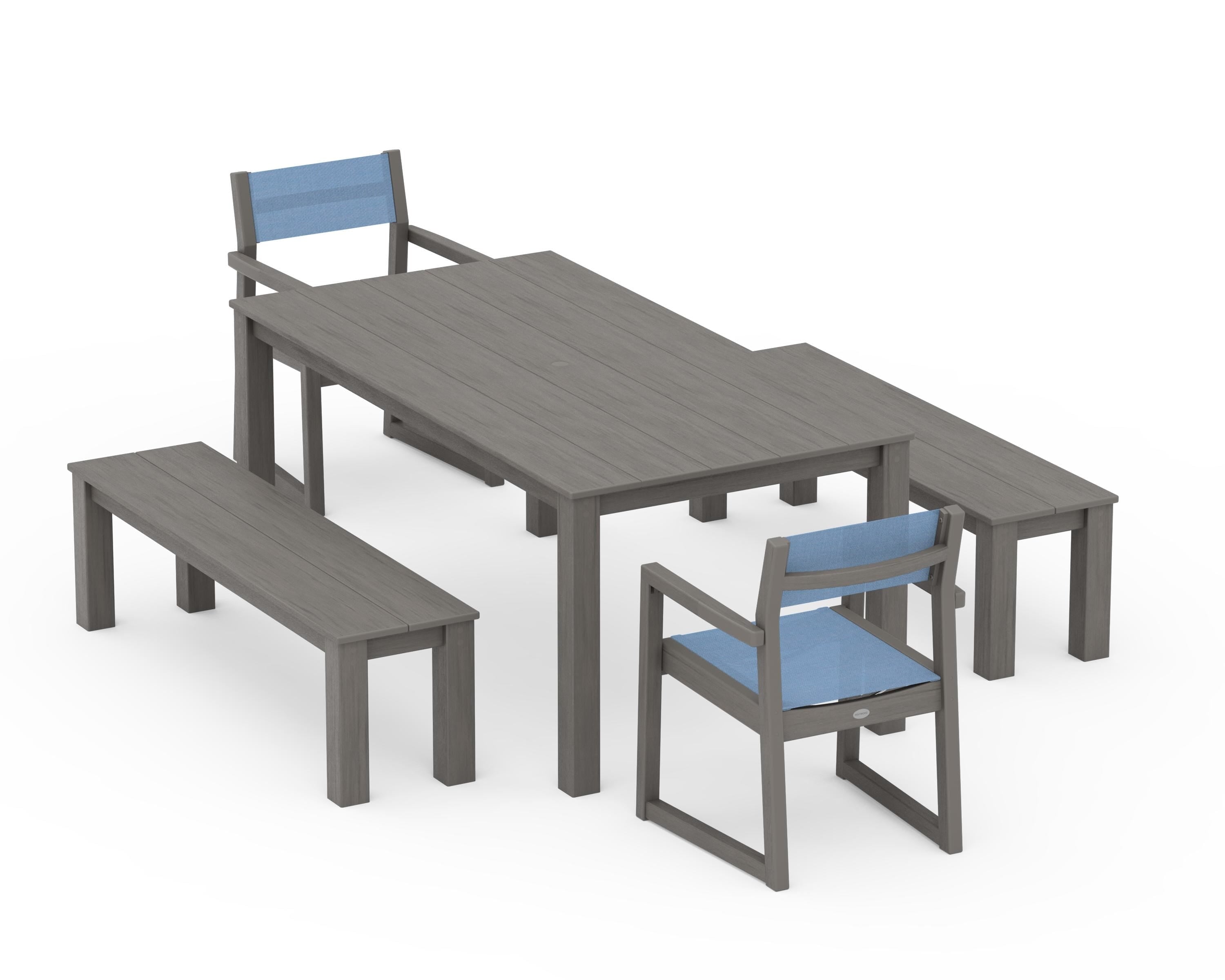 POLYWOOD EDGE Sling Arm Chair 5-Piece Parsons Dining Set with Benches in Driftwood / Poolside Sling