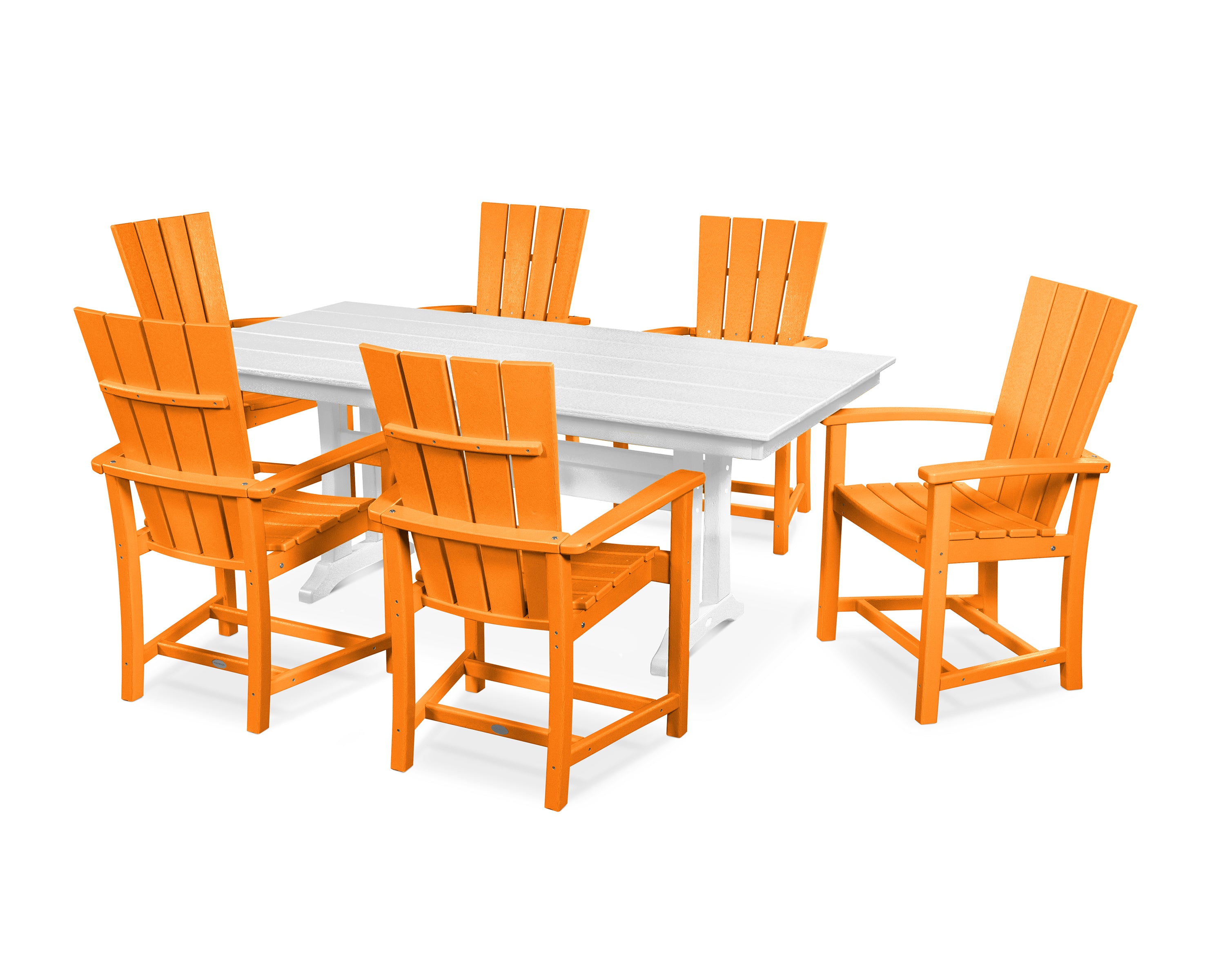 POLYWOOD® Quattro 7-Piece Farmhouse Dining Set with Trestle Legs in Tangerine / White