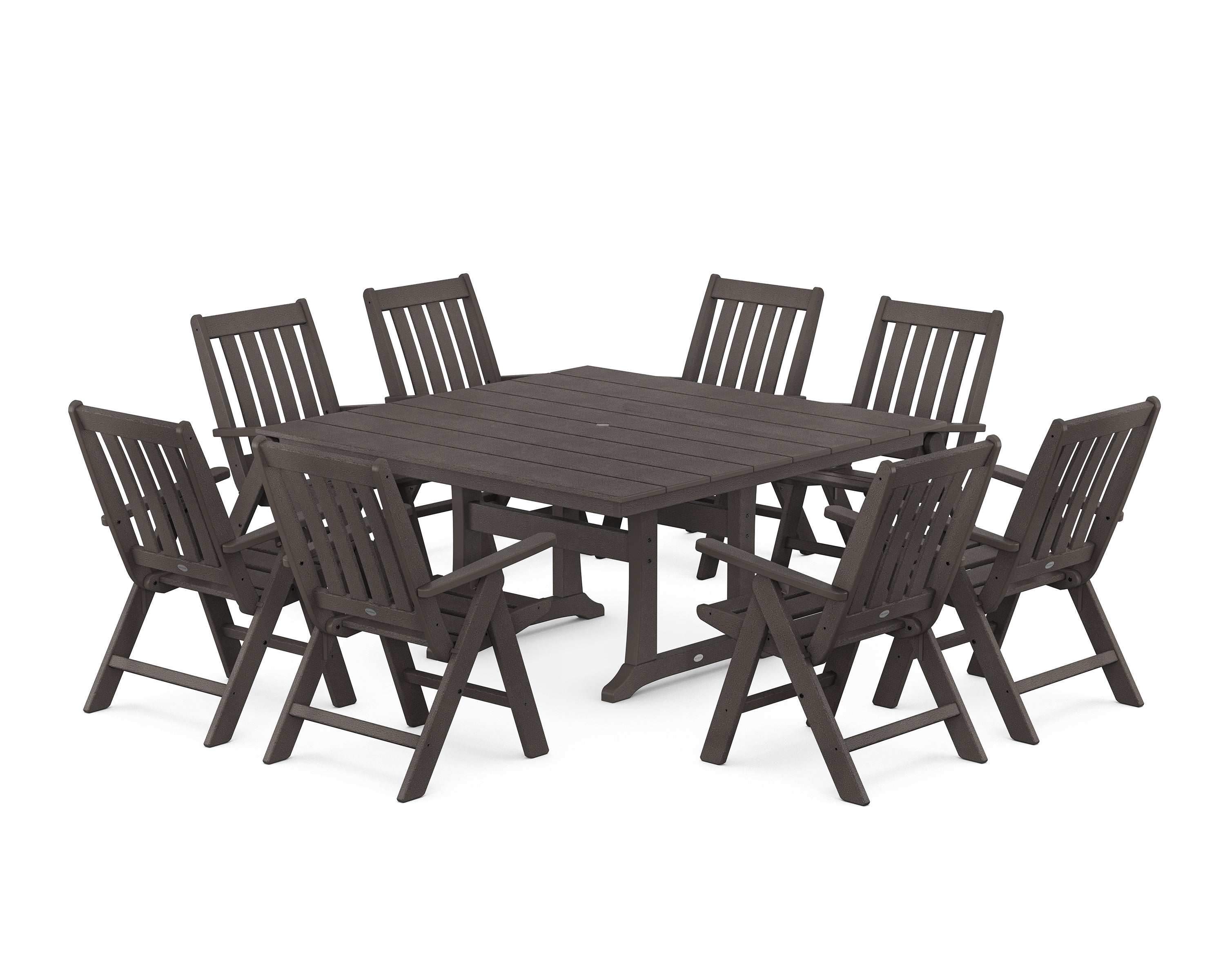 POLYWOOD Vineyard Folding Chair 9-Piece Square Farmhouse Dining Set with Trestle Legs in Vintage Coffee