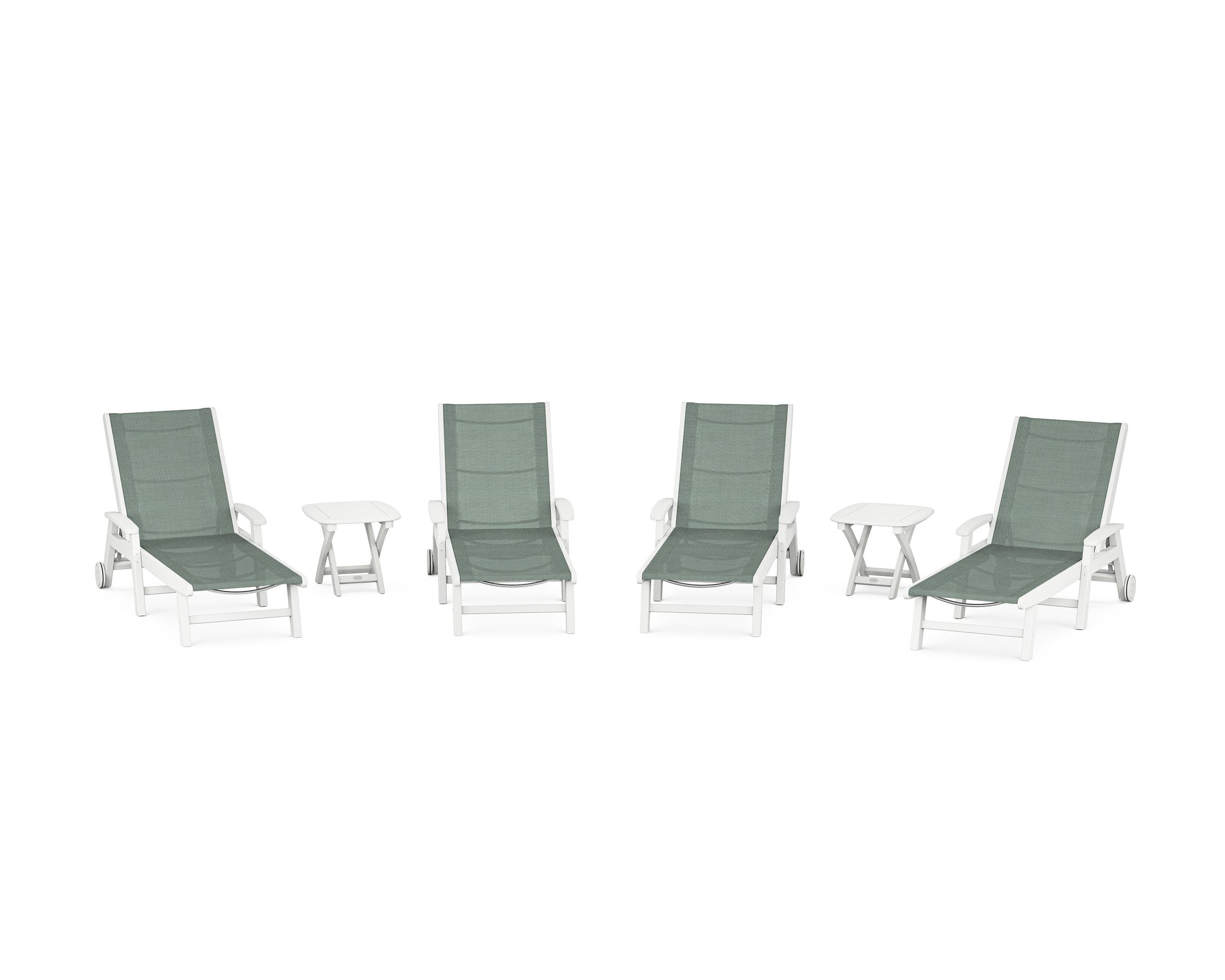 POLYWOOD Coastal Chaise 6-Piece Set with Wheels in White / Dupioni Sea Mist Sling
