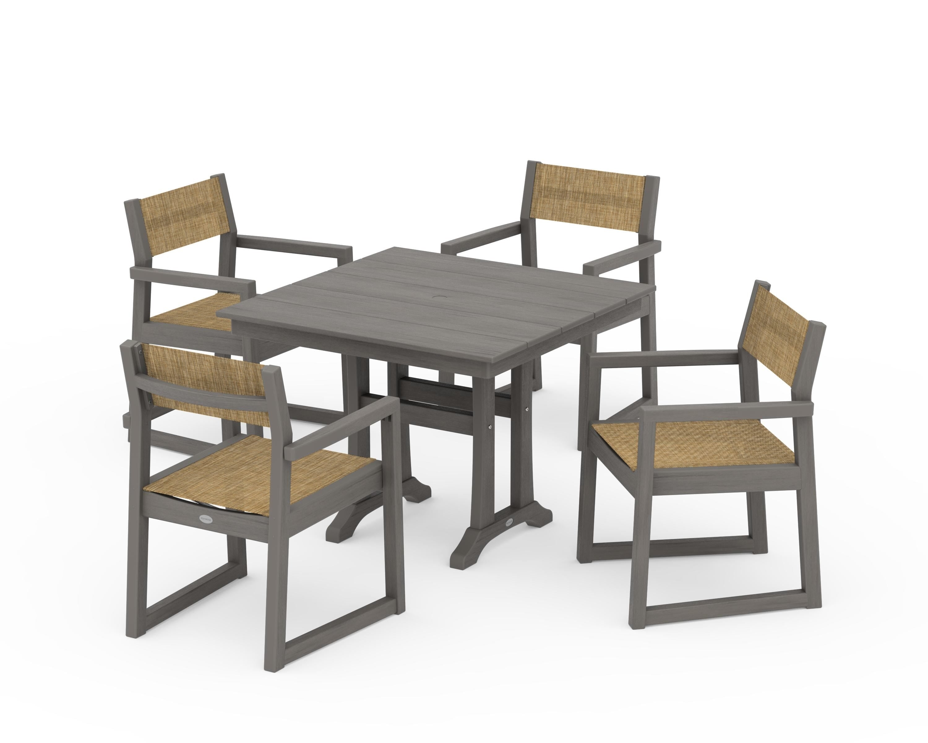 POLYWOOD EDGE Sling 5-Piece Farmhouse Dining Set with Trestle Legs in Driftwood / Burlap Sling