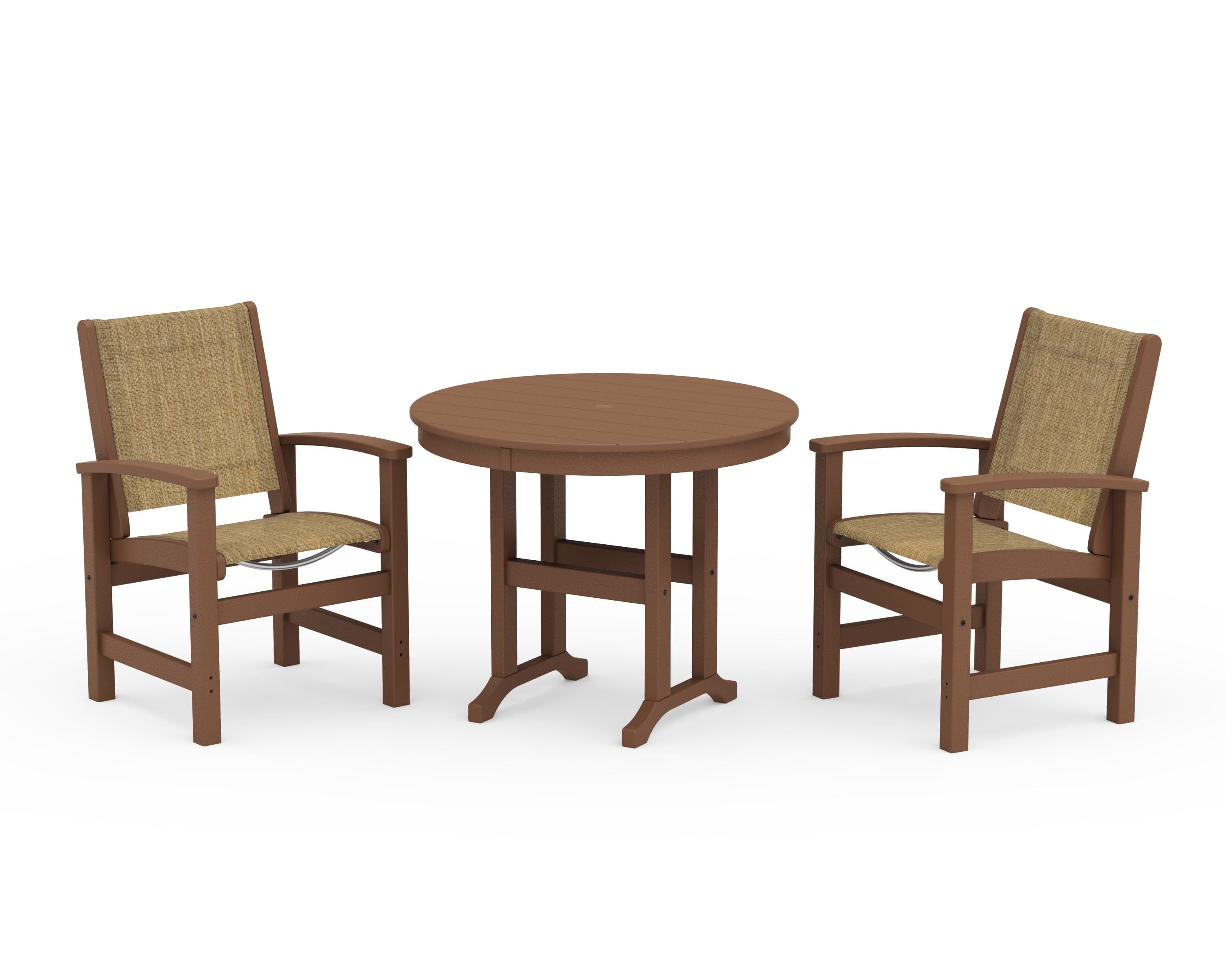 POLYWOOD Coastal 3-Piece Round Dining Set in Teak / Burlap Sling