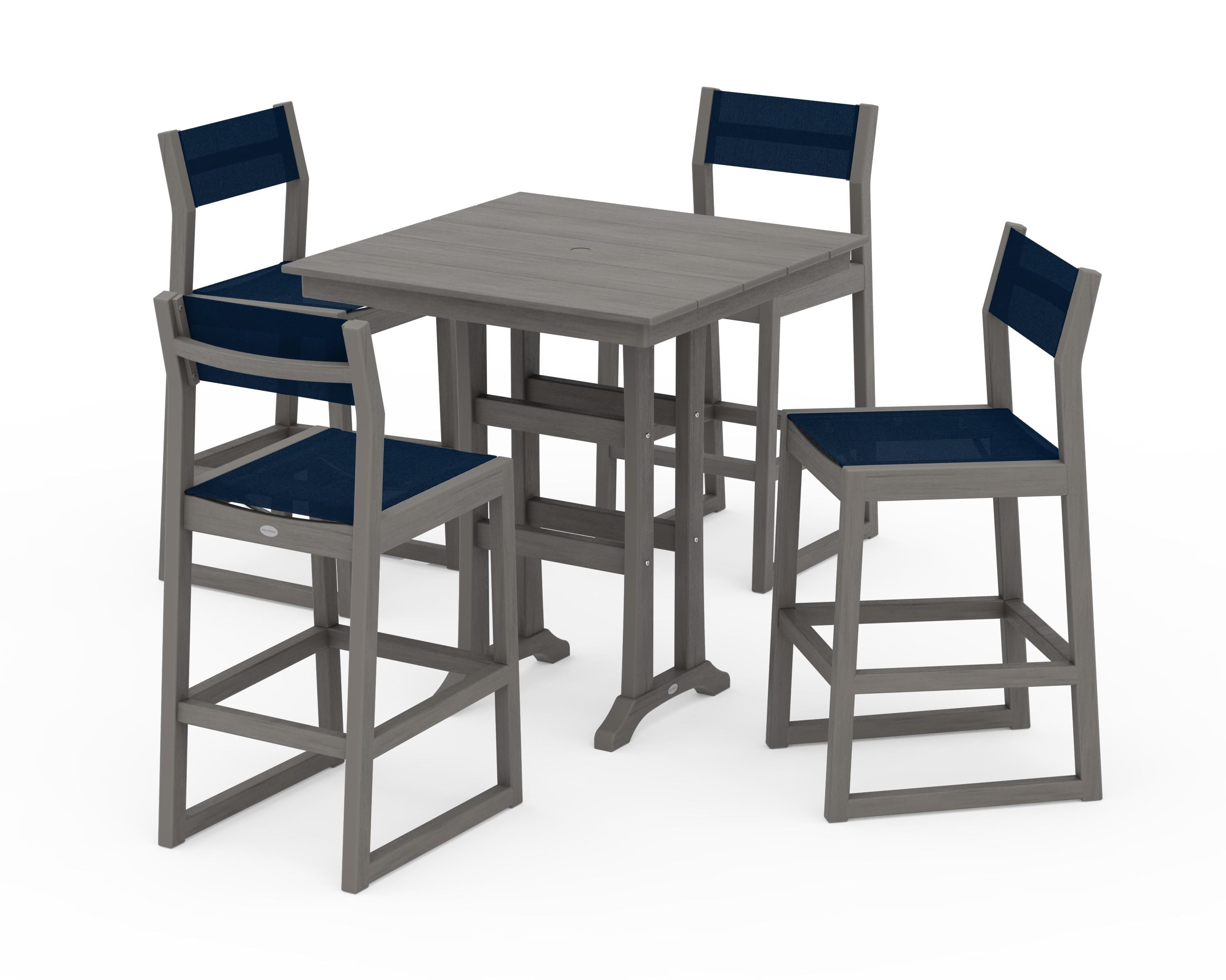 POLYWOOD EDGE Sling Arm Chair 5-Piece Farmhouse Bar Set with Trestle Legs in Driftwood / Navy Blue Sling
