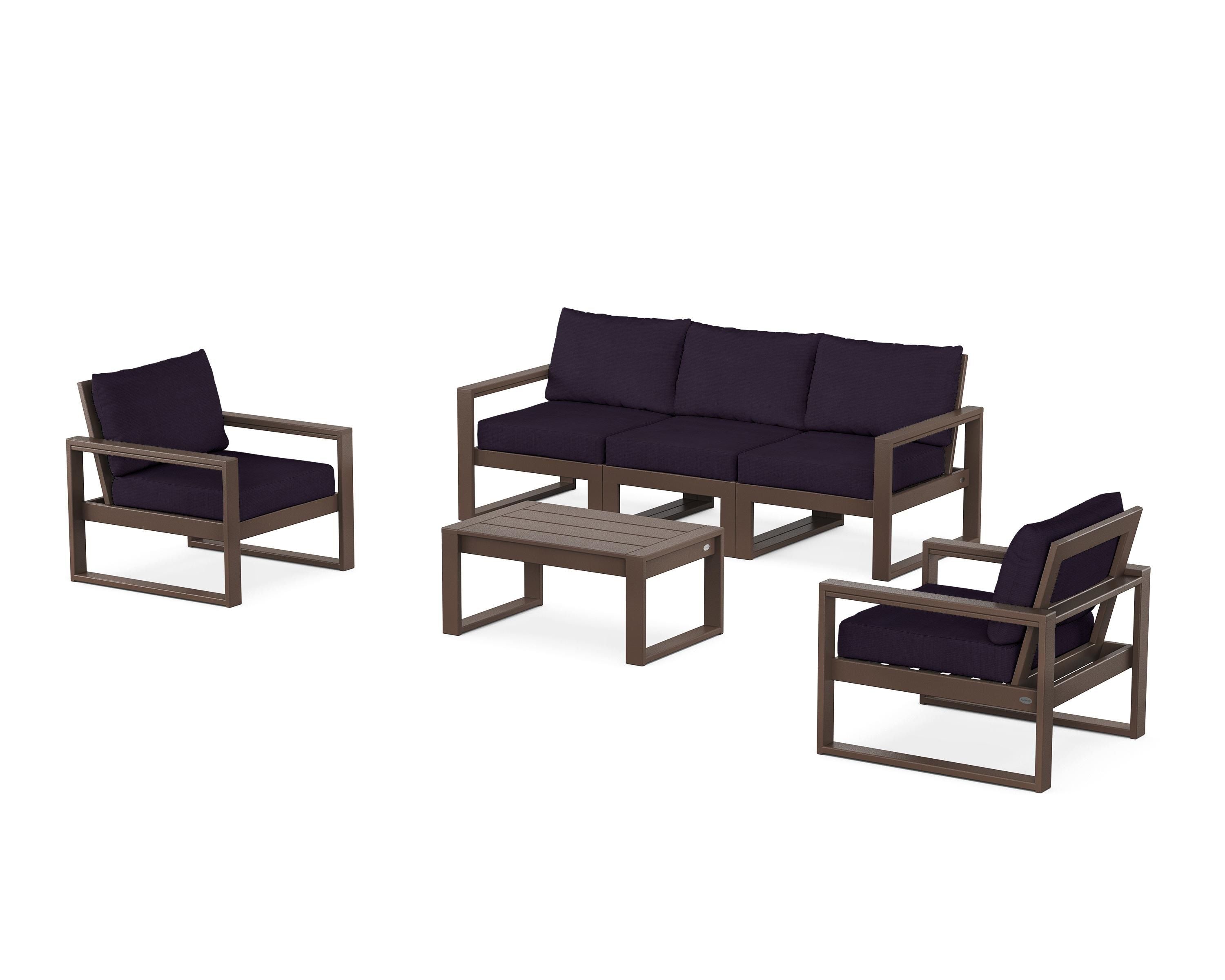 POLYWOOD EDGE Sectional 4-Piece Deep Seating Set with Sofa in Mahogany / Navy Linen