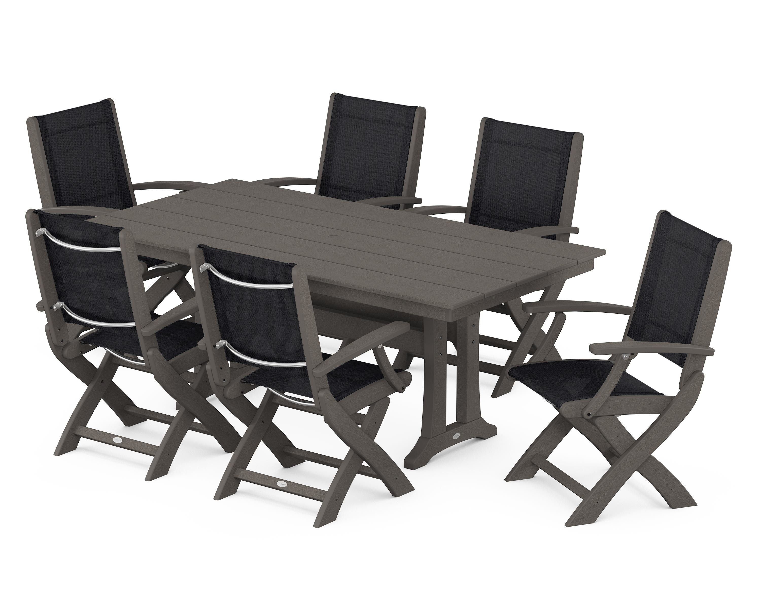 POLYWOOD Coastal Folding Arm Chair 7-Piece Farmhouse Dining Set with Trestle Legs in Vintage Coffee / Black Sling
