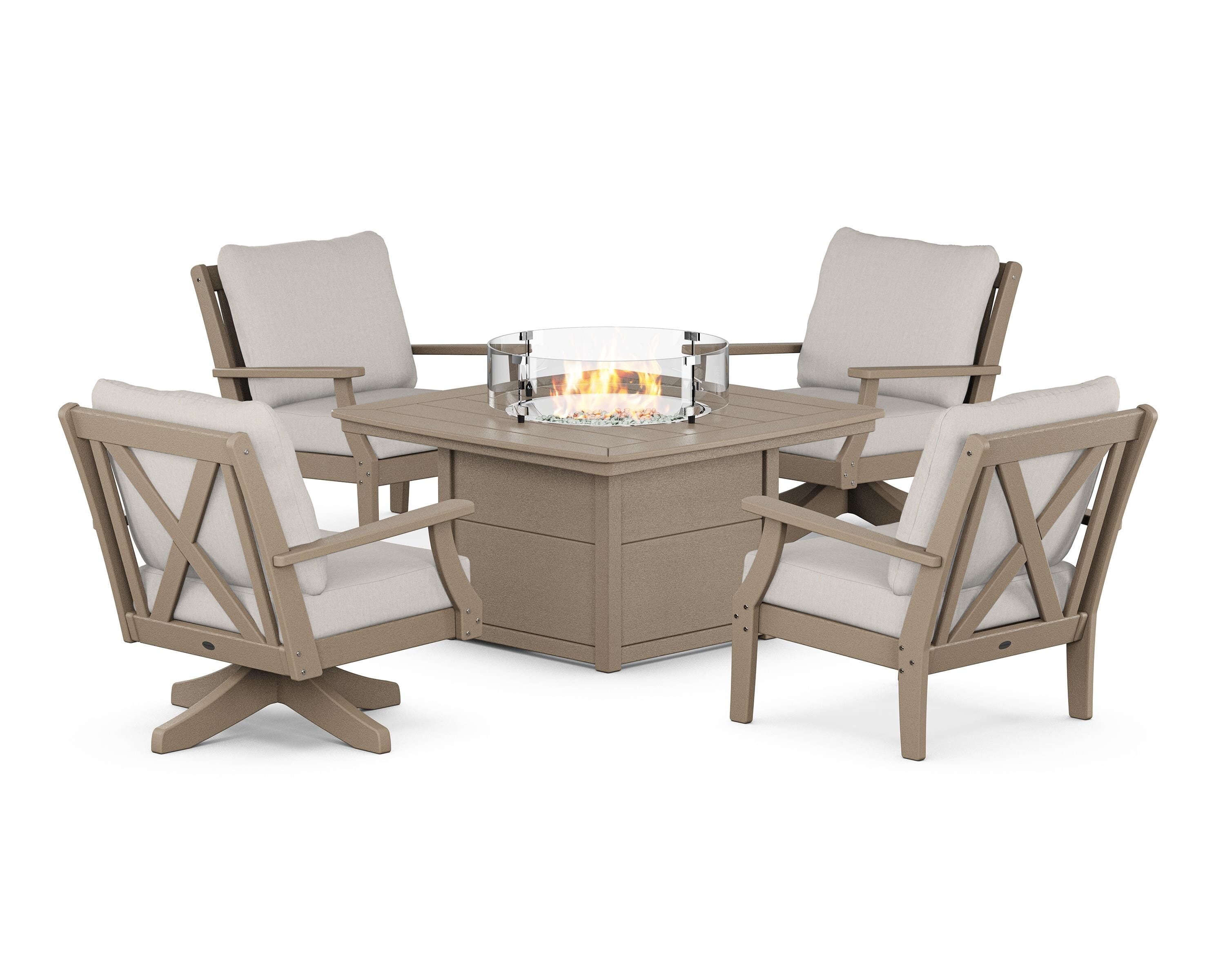 POLYWOOD Braxton 5-Piece Deep Seating Set with Fire Table in Vintage Sahara / Cast Ash
