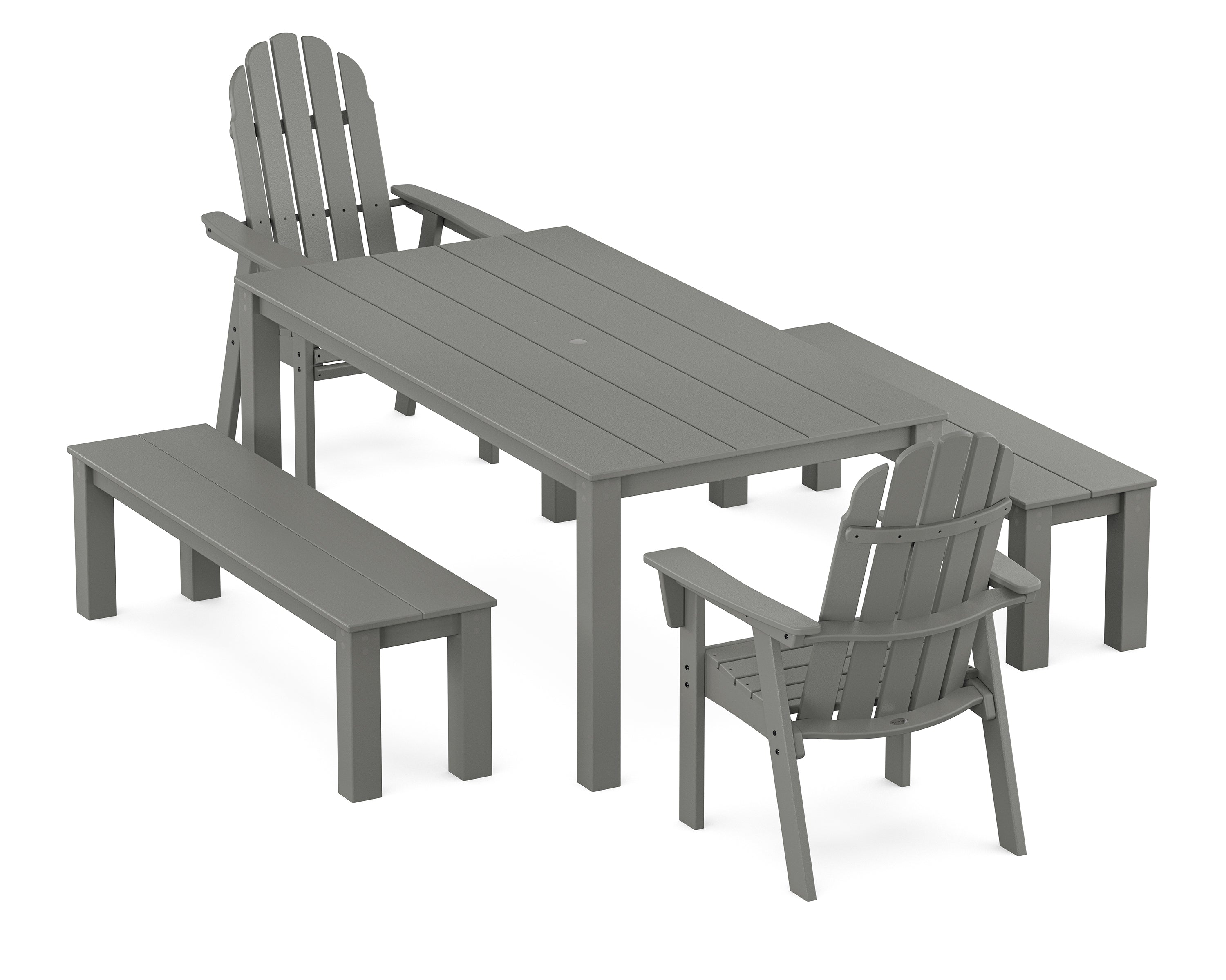 POLYWOOD® Vineyard Curveback Adirondack 5-Piece Parsons Dining Set with Benches in Slate Grey