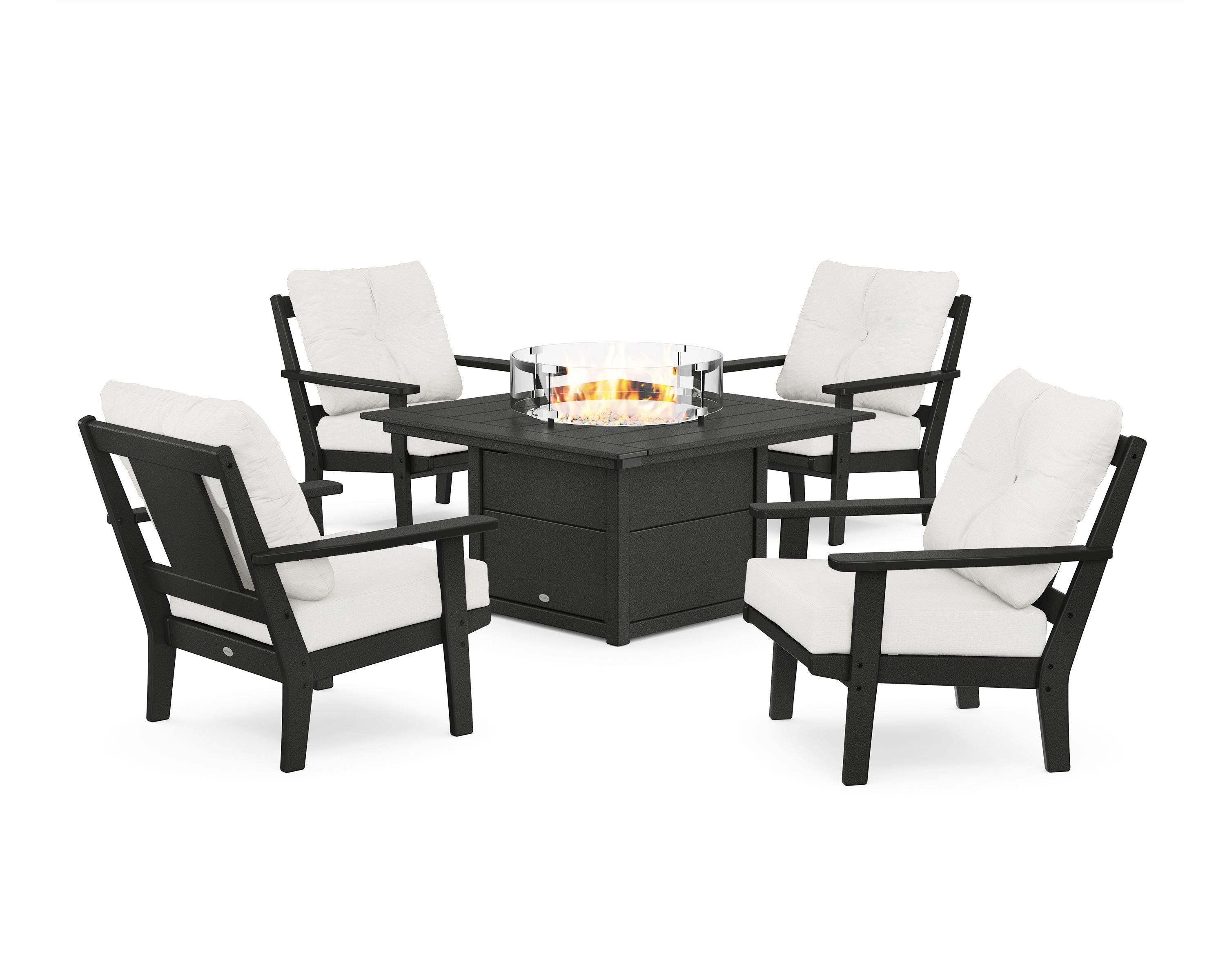 POLYWOOD Prairie 5-Piece Deep Seating Set with Fire Pit Table in Black / Natural Linen