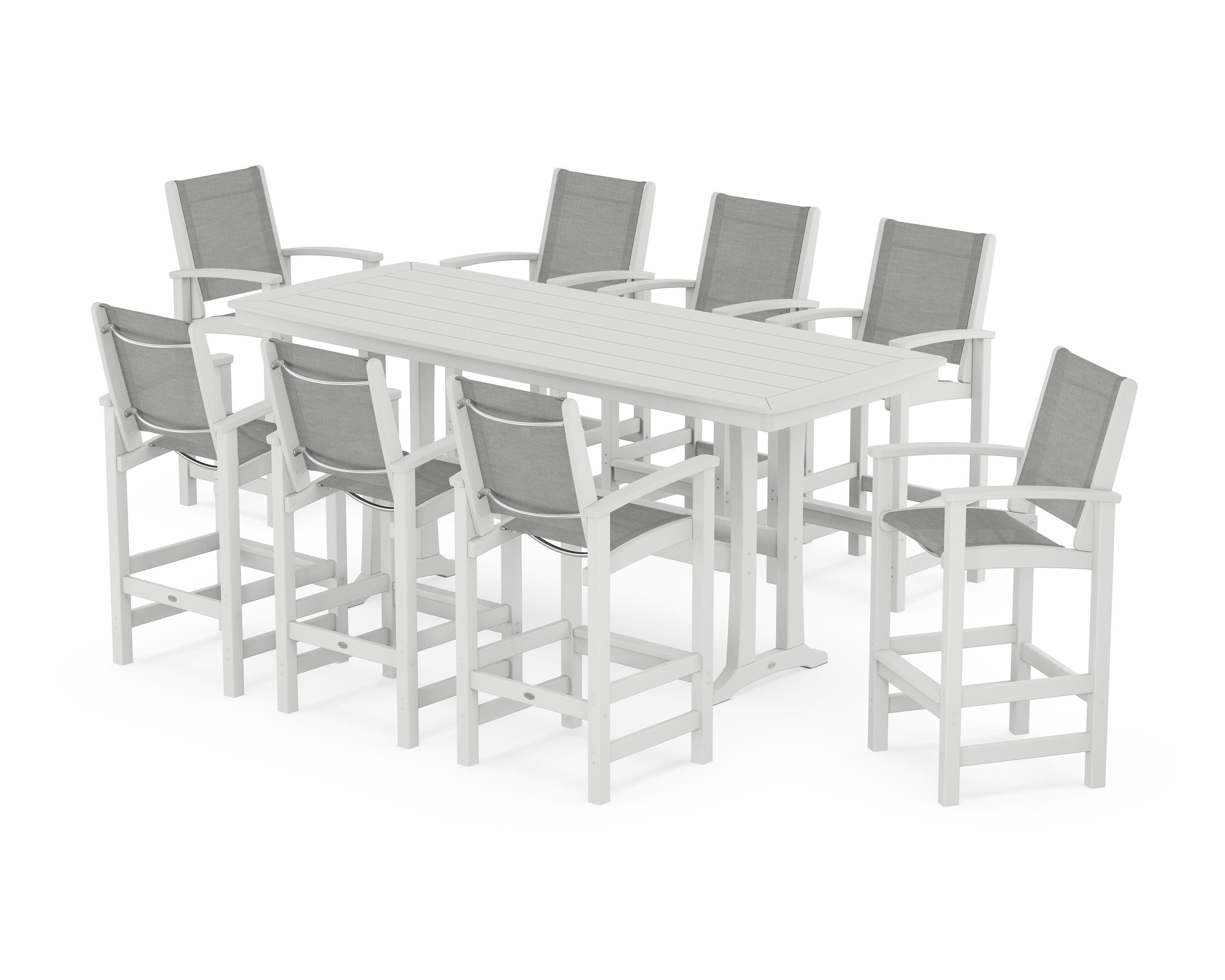 POLYWOOD Coastal 9-Piece Bar Set with Trestle Legs in White / Metallic Sling