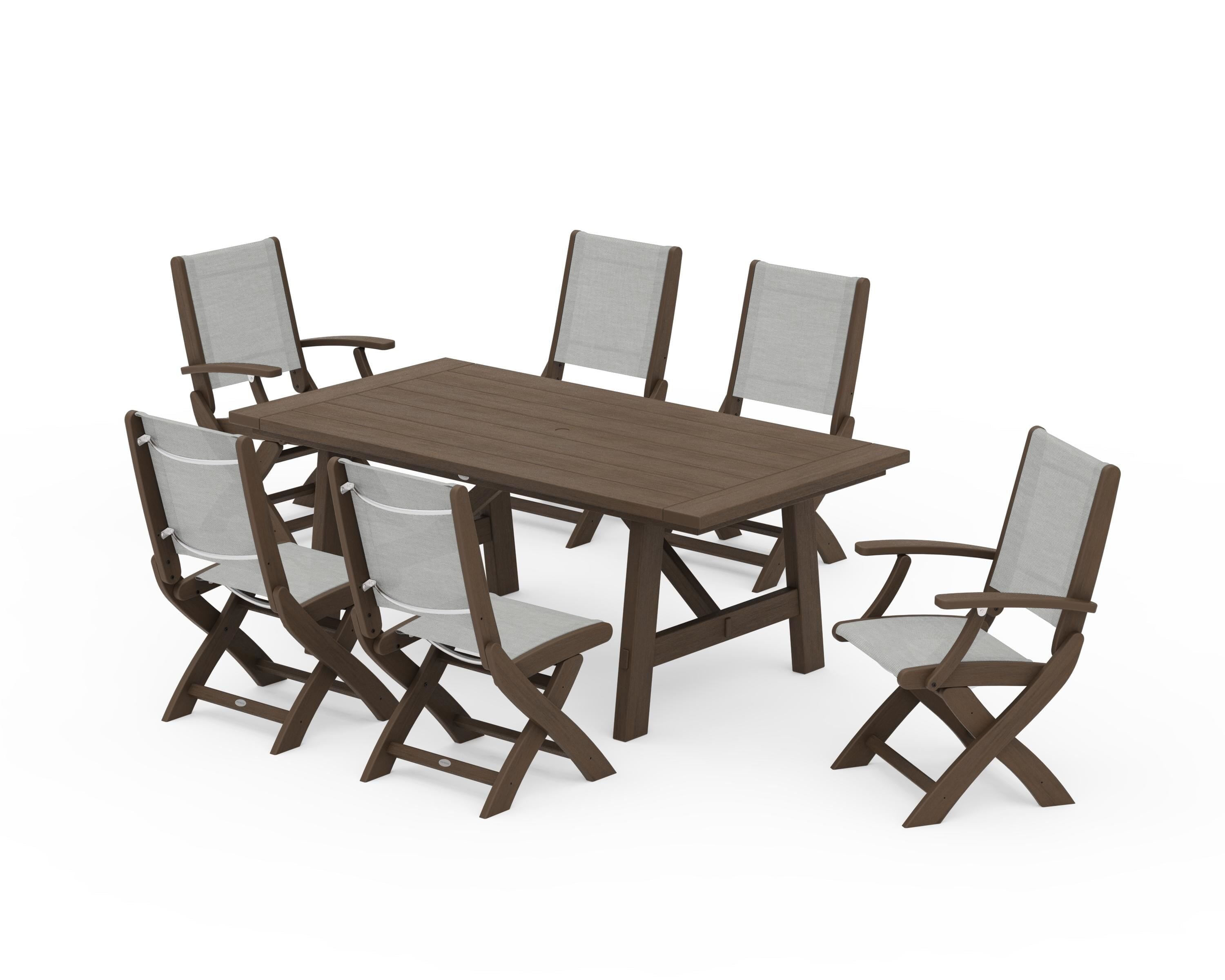 POLYWOOD Coastal Folding Chair 7-Piece Rustic Farmhouse Dining Set in Kona / Metallic Sling