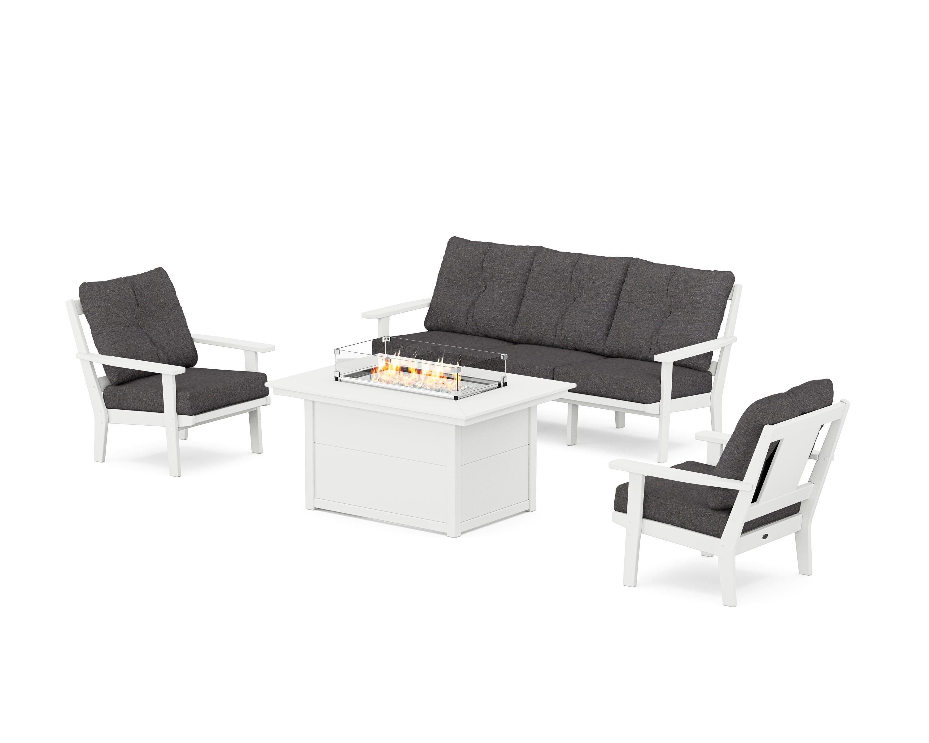 POLYWOOD Prairie Deep Seating Fire Pit Table Set in White / Ash Charcoal