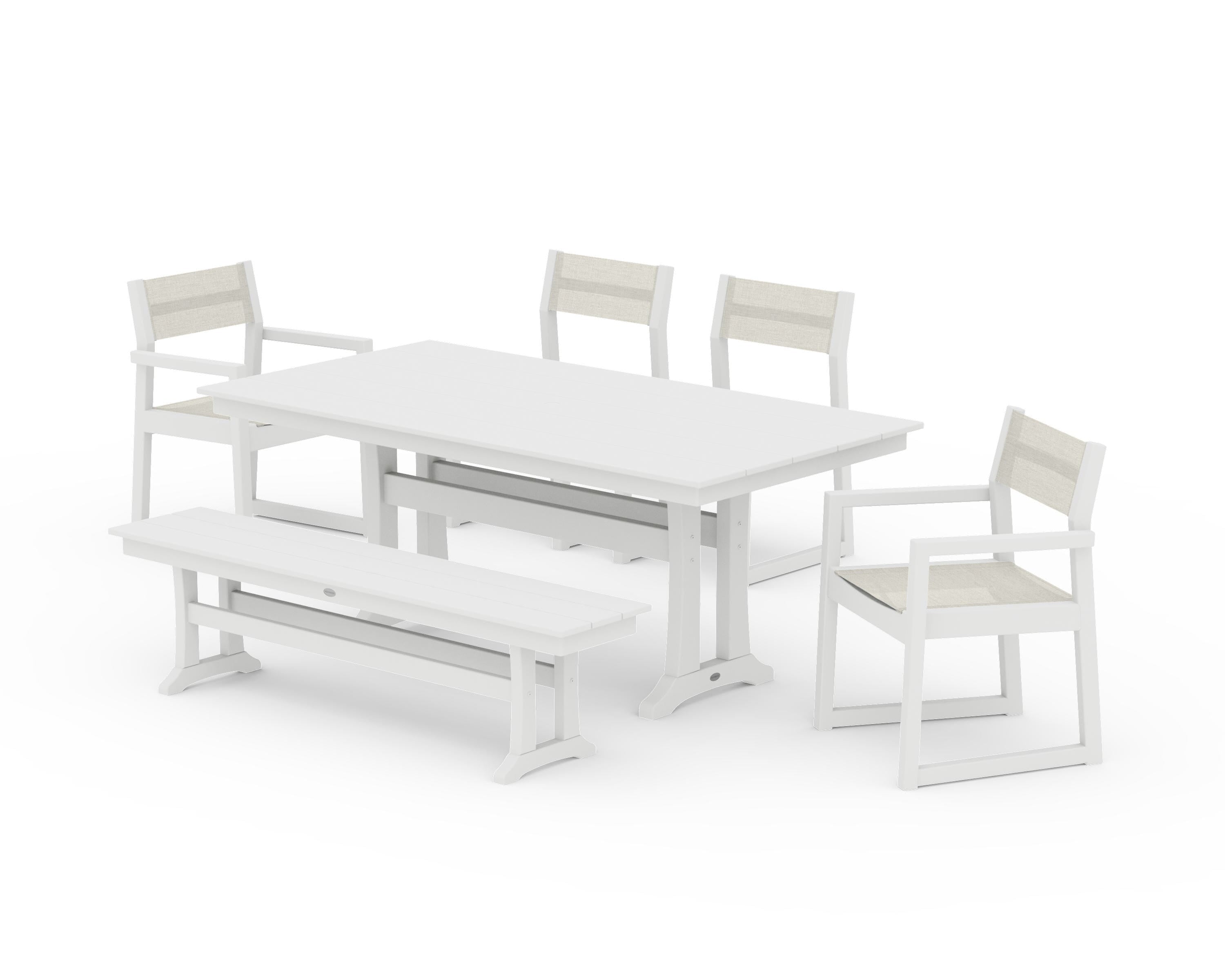 POLYWOOD EDGE Sling 6-Piece Farmhouse Dining Set With Trestle Legs in White / Parchment Sling