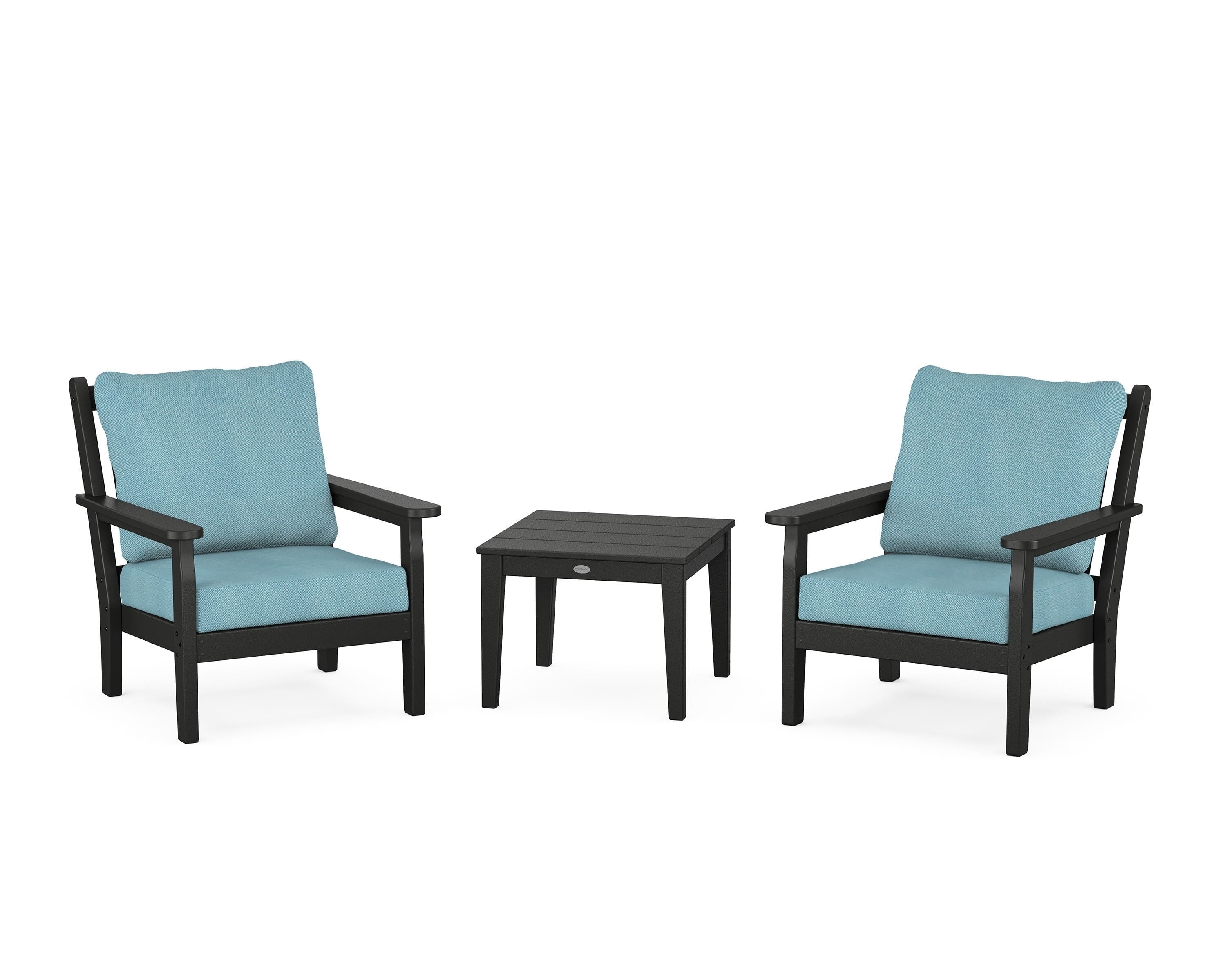POLYWOOD Chippendale 3-Piece Deep Seating Set in Black / Lattice Sky Blue