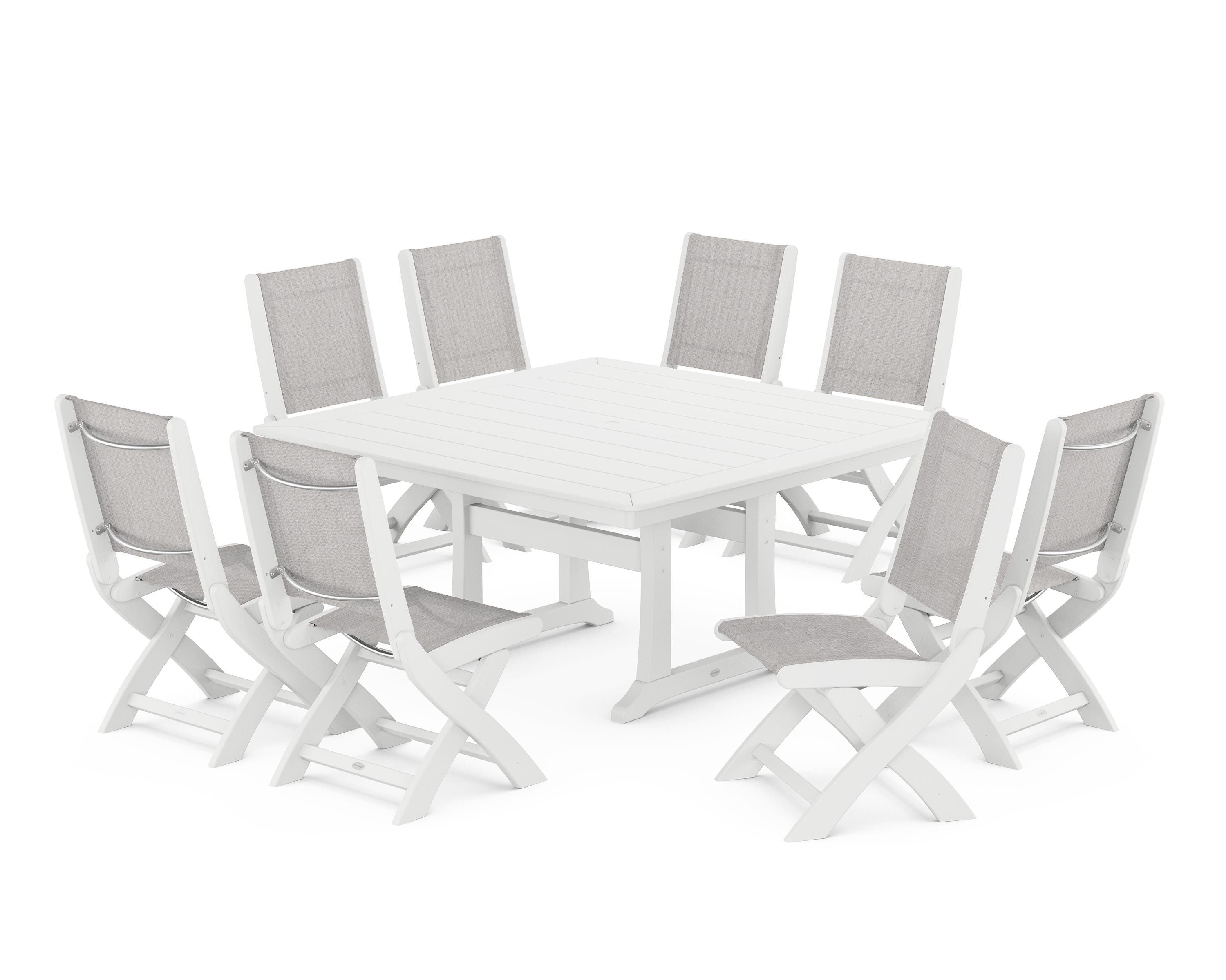 POLYWOOD Coastal Folding Side Chair 9-Piece Dining Set with Trestle Legs in White / Parchment Sling