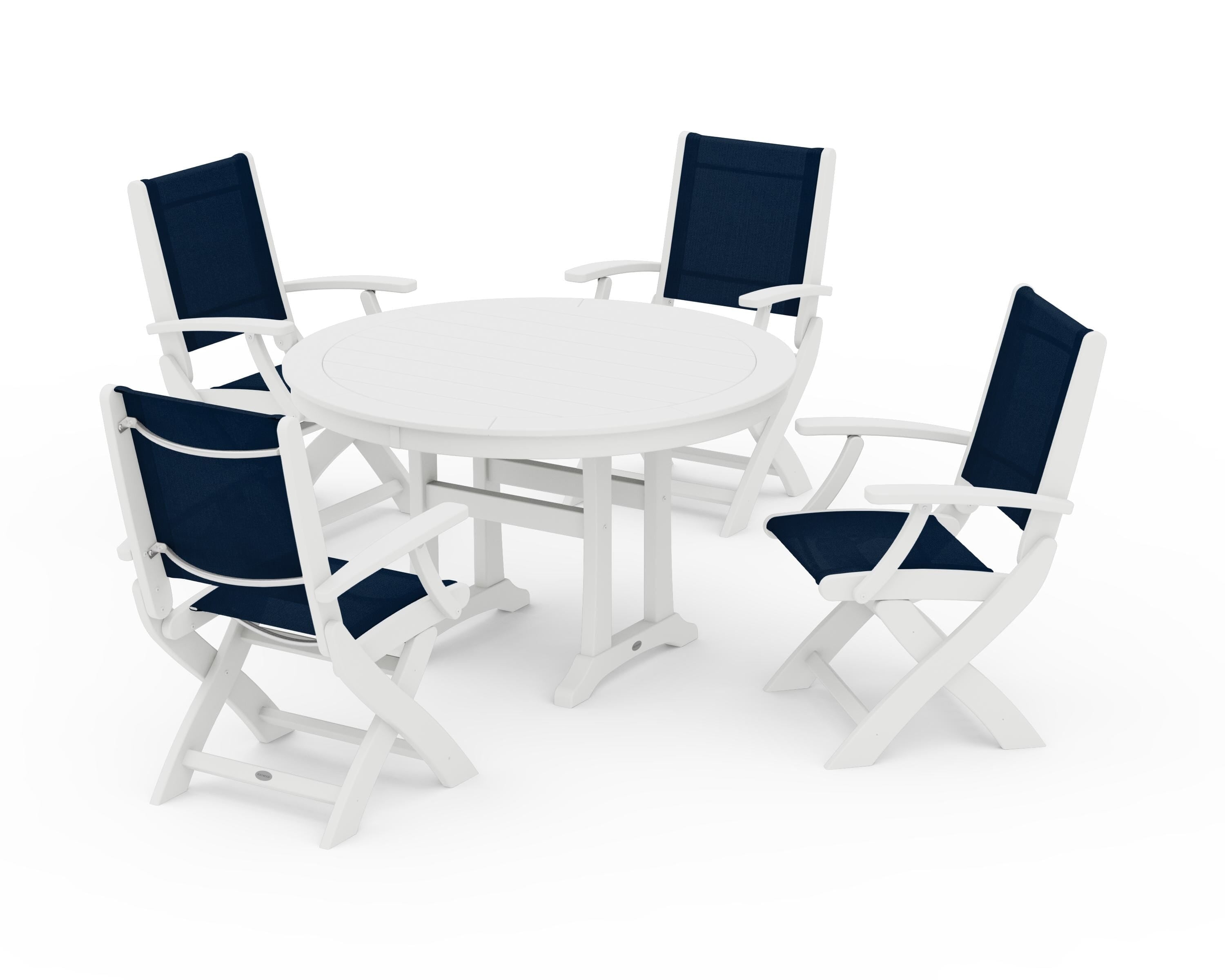 POLYWOOD Coastal Folding Chair 5-Piece Round Dining Set with Trestle Legs in White / Navy Blue Sling