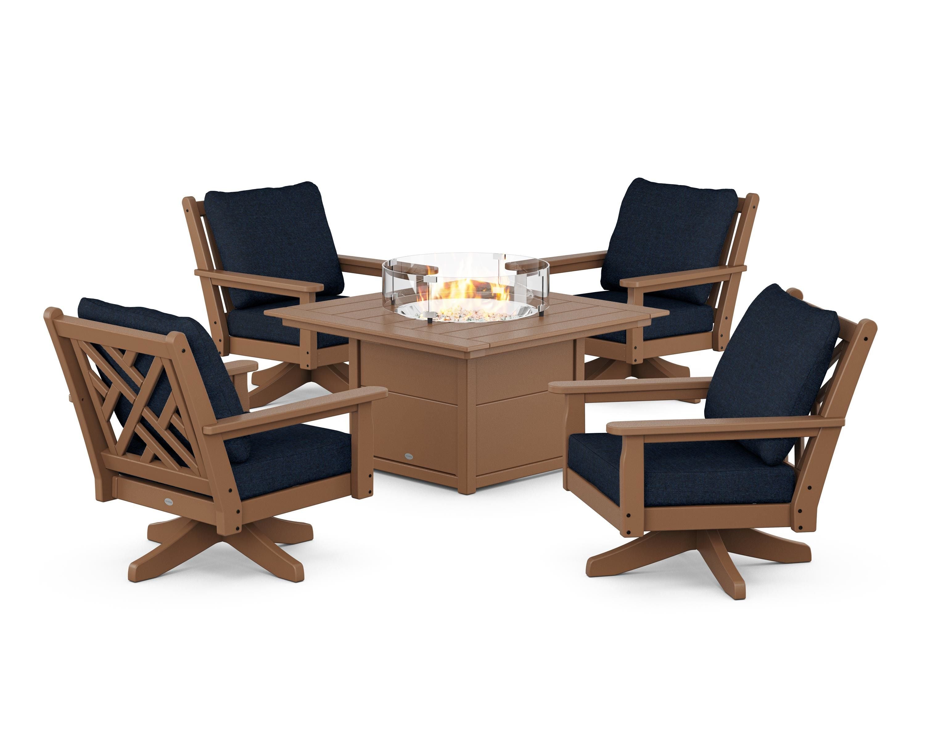 POLYWOOD Chippendale 5-Piece Deep Seating Swivel Conversation Set with Fire Pit Table in Teak / Marine Indigo