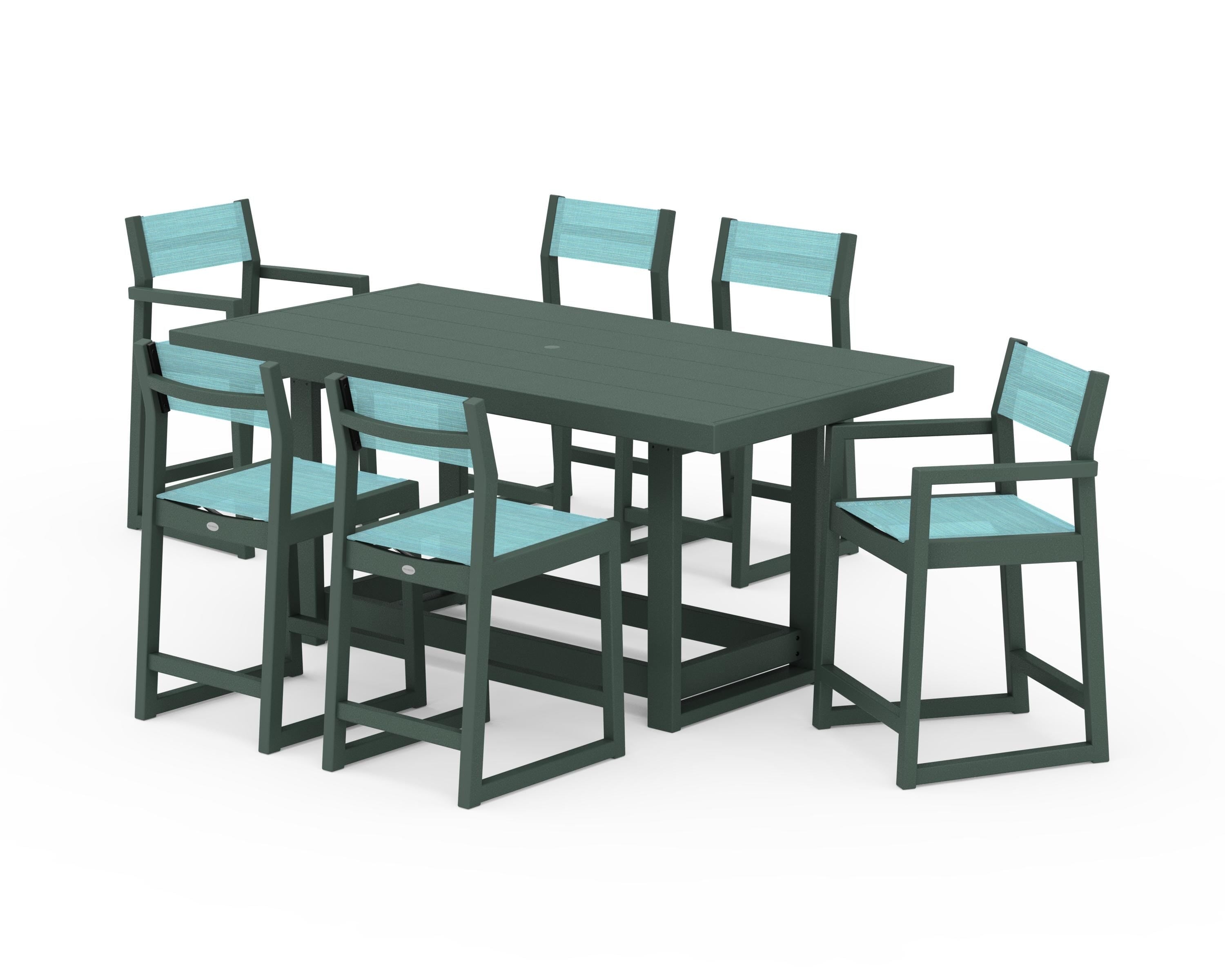 POLYWOOD EDGE Sling 7-Piece Counter Table Set in Green / Dupioni Aquamarine Sling