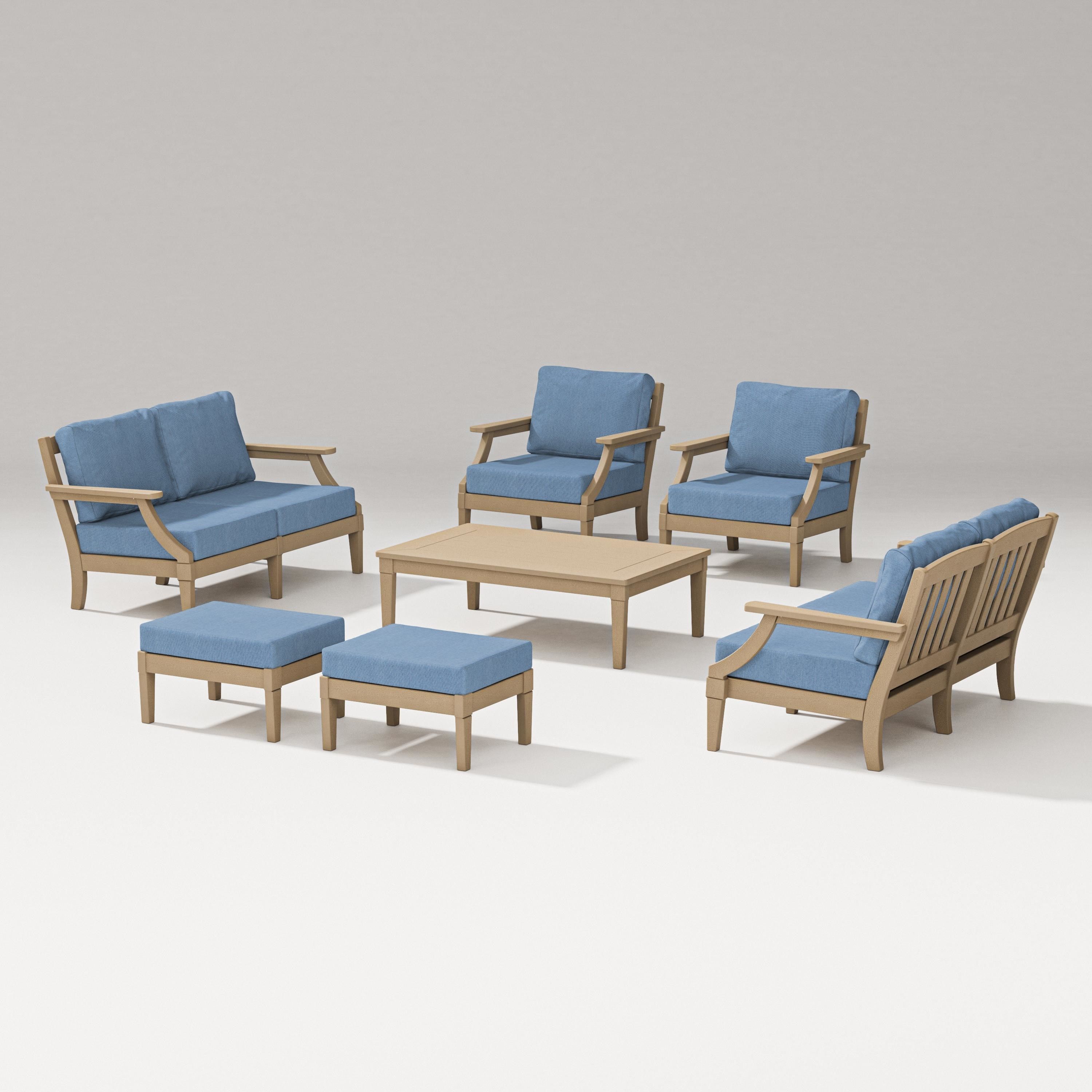 PW Designer Series Estate 7-Piece Lounge Loveseat Set in Vintage Sahara / Sky Blue